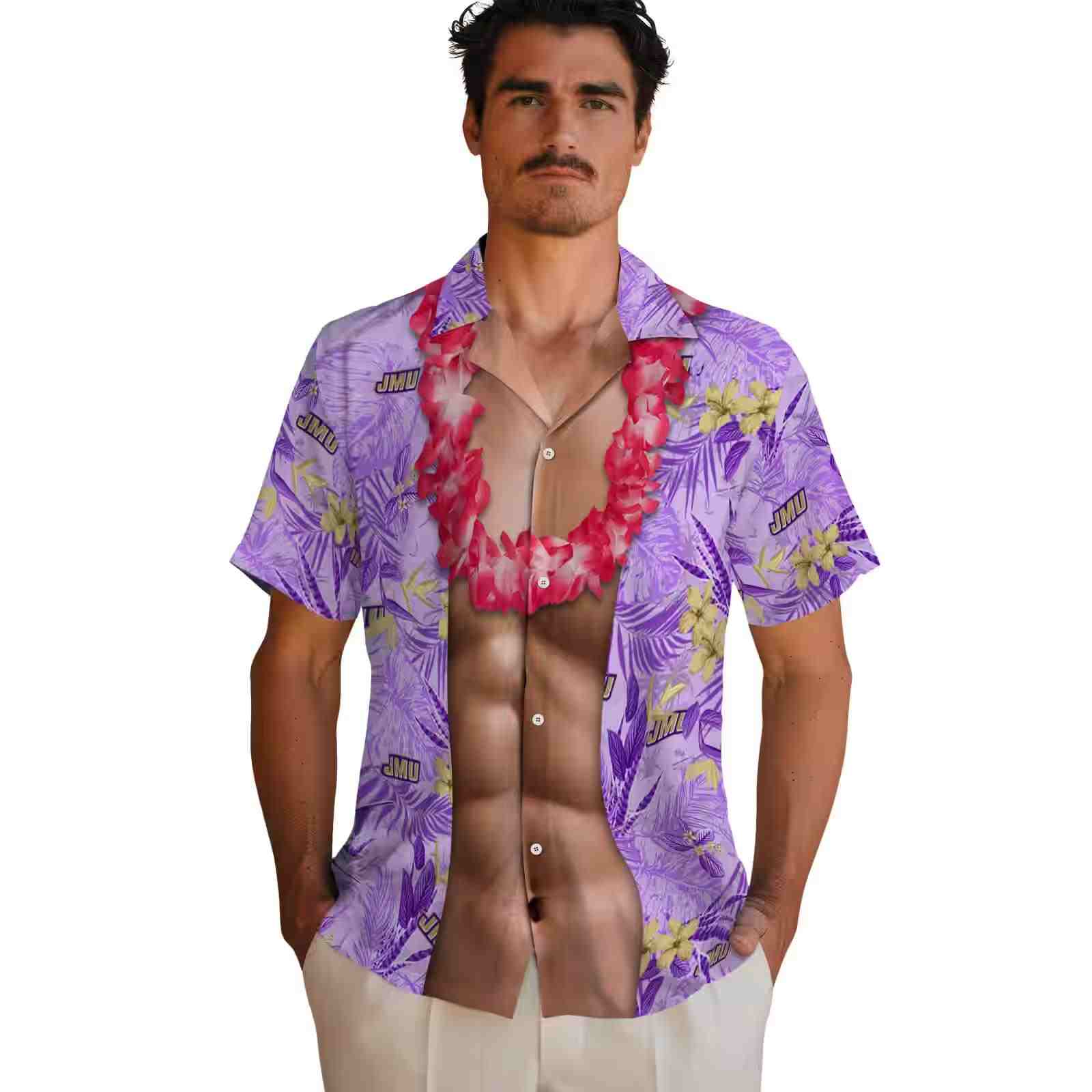 james madison dukes chest illusion purple hawaiian shirt fashion forward