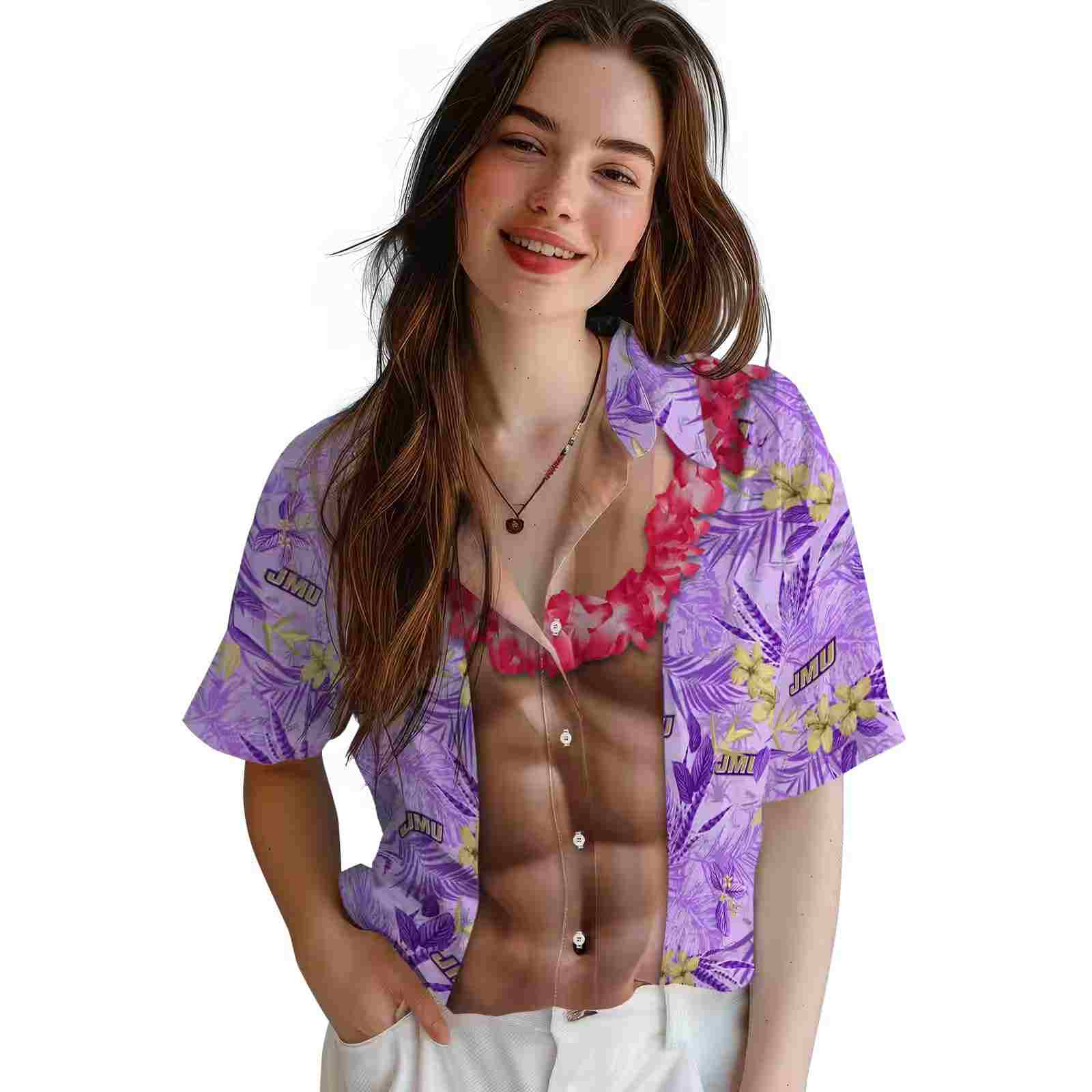 james madison dukes chest illusion purple hawaiian shirt latest model