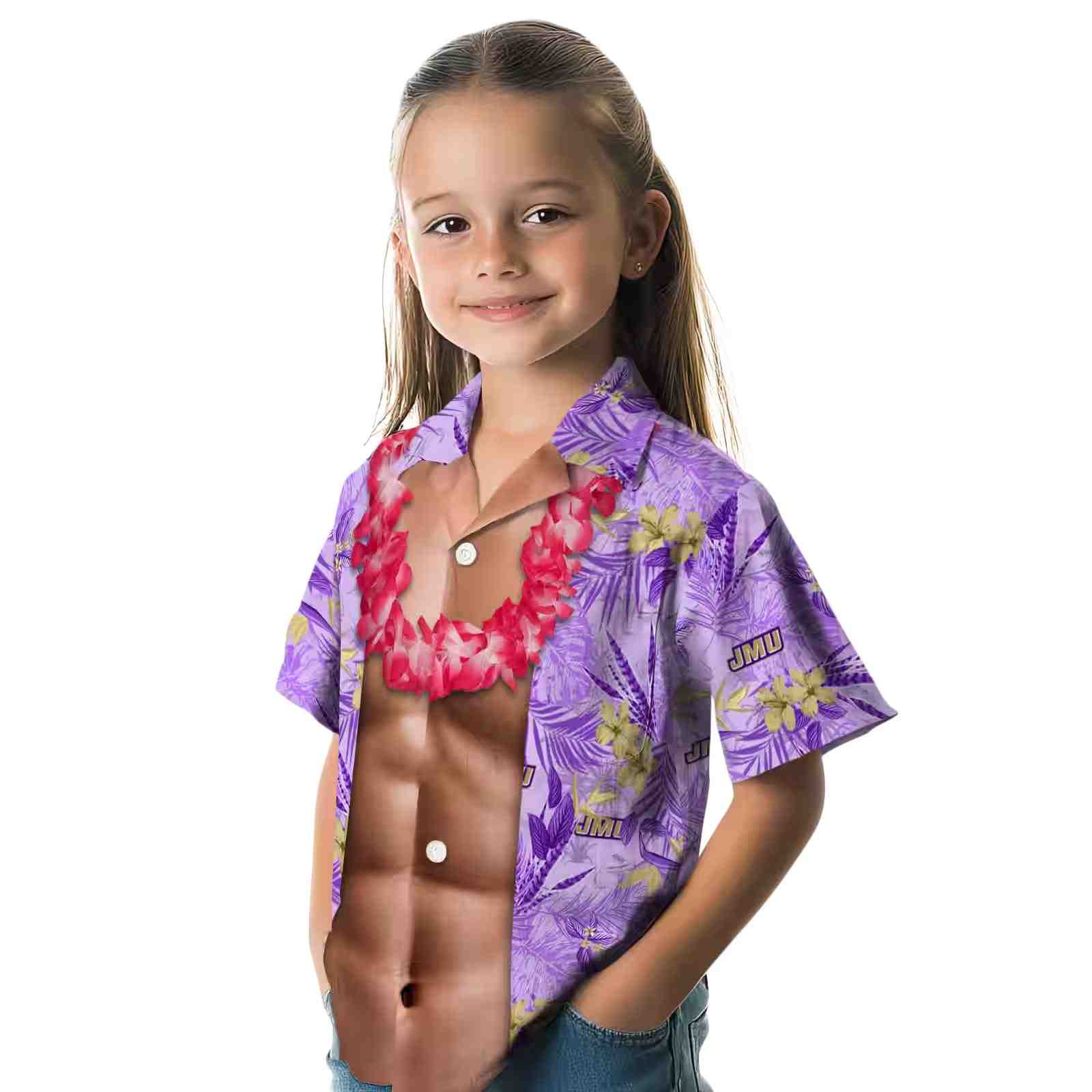 james madison dukes chest illusion purple hawaiian shirt premium grade