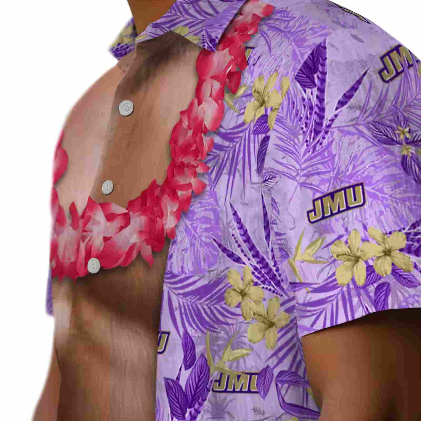 james madison dukes chest illusion purple hawaiian shirt trendy