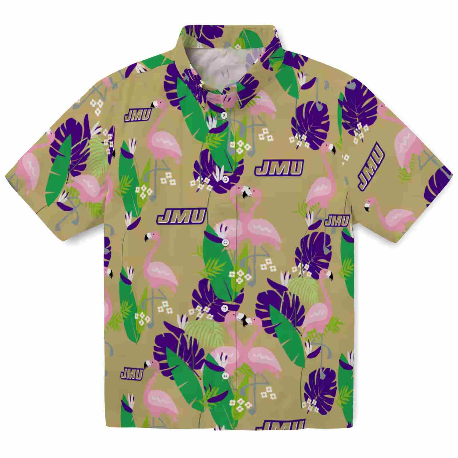 James Madison Dukes Flamingo Foliage Purple Green Hawaiian Shirt