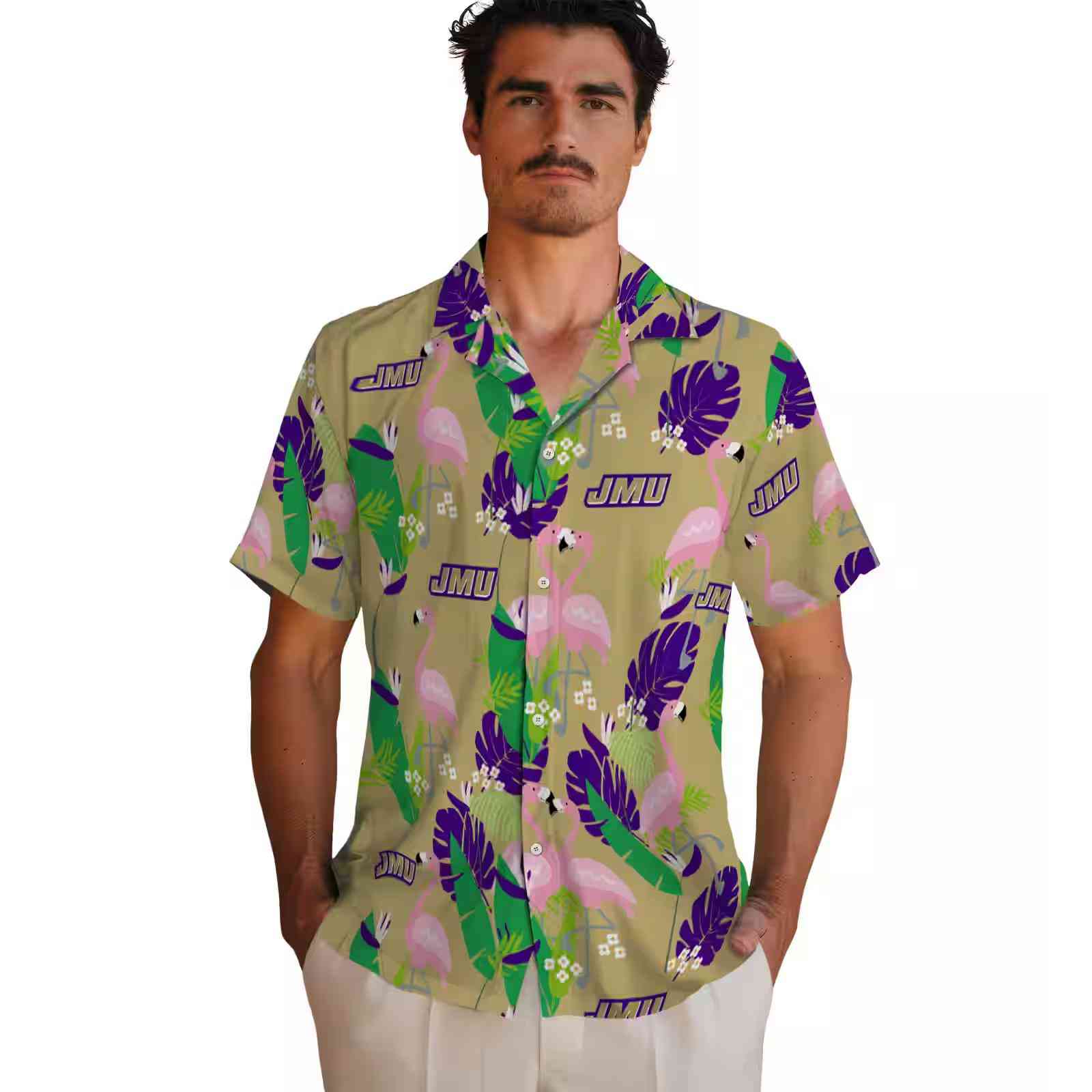 james madison dukes flamingo foliage purple green hawaiian shirt fashion forward