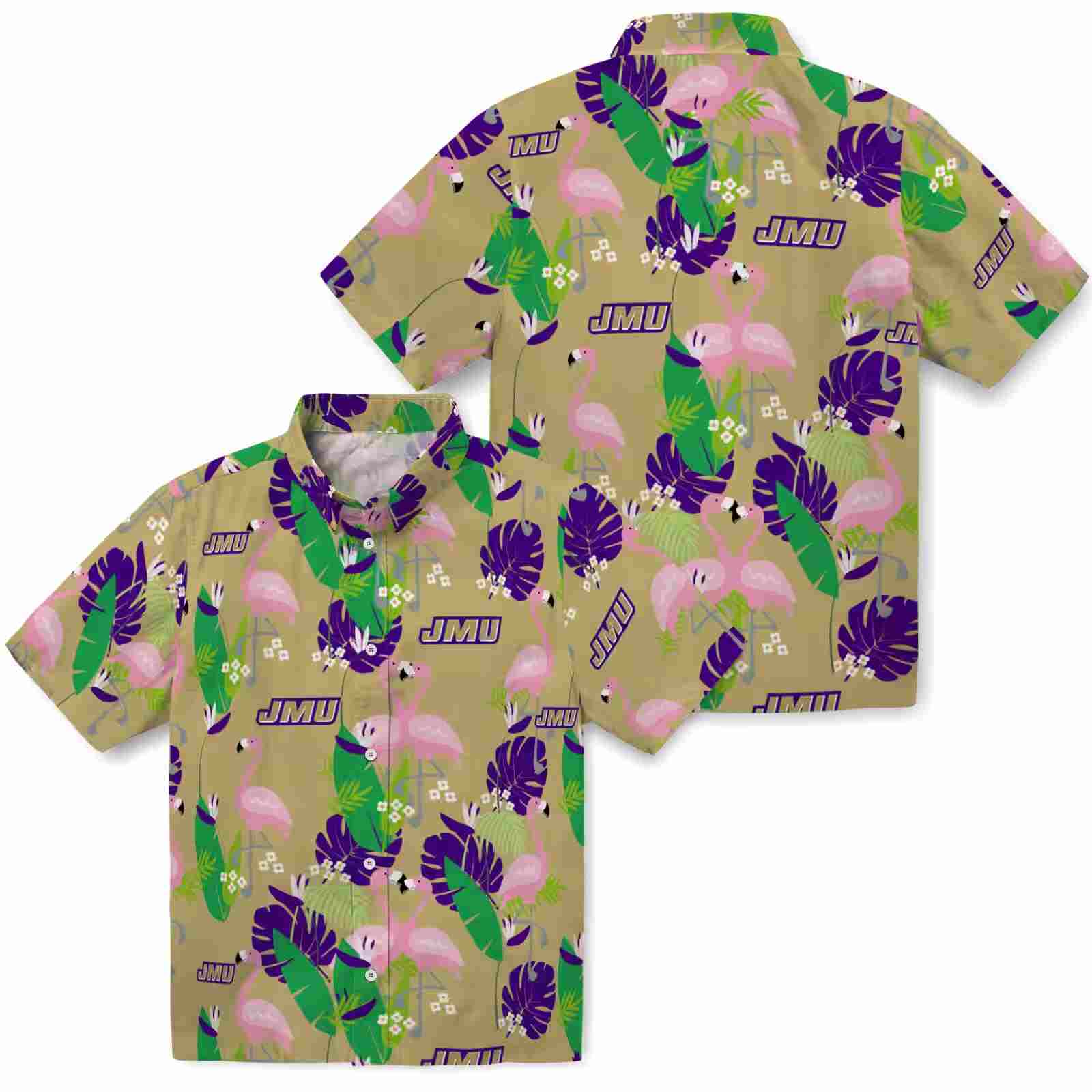 james madison dukes flamingo foliage purple green hawaiian shirt high quality