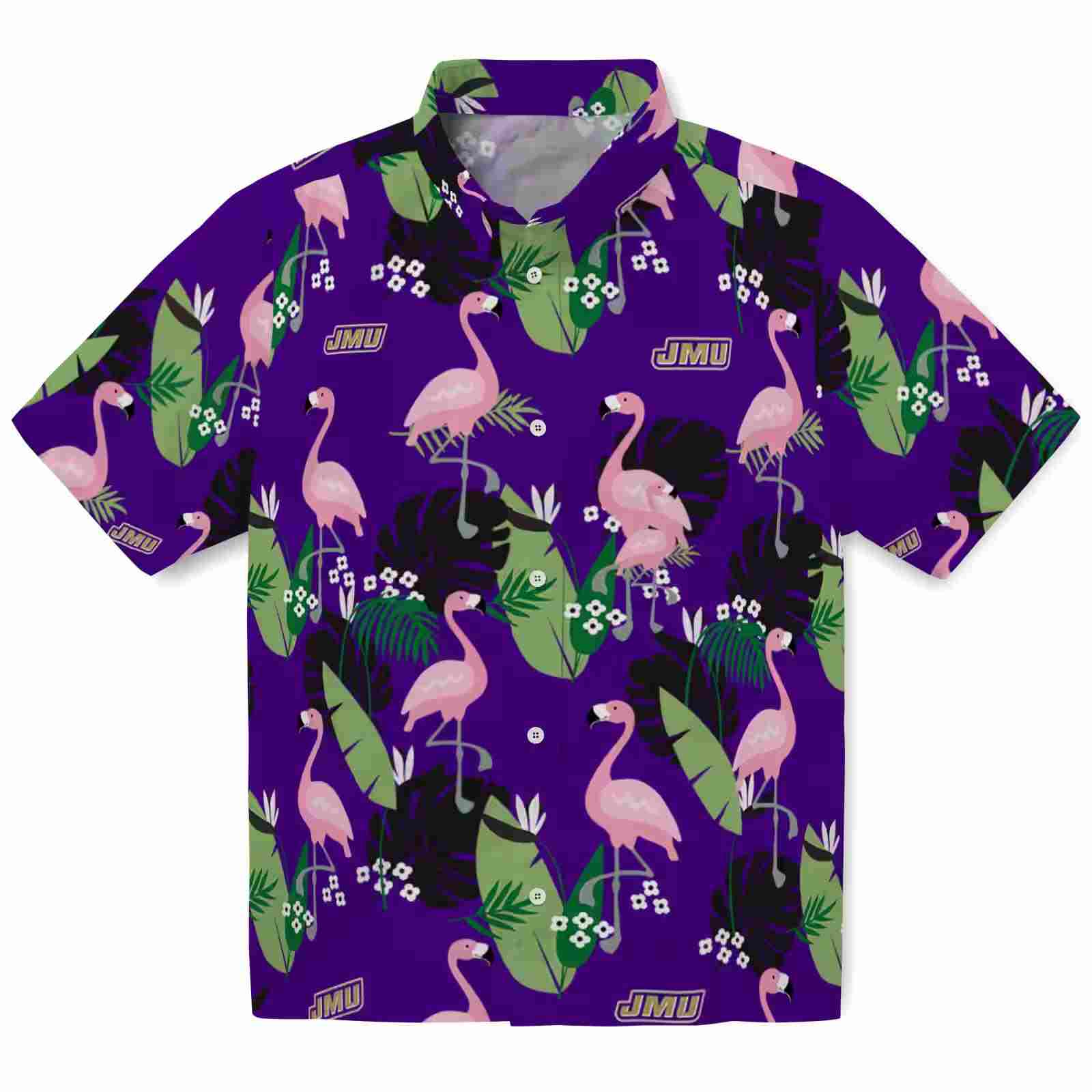 James Madison Dukes Flamingo Leaf Motif Purple Hawaiian Shirt