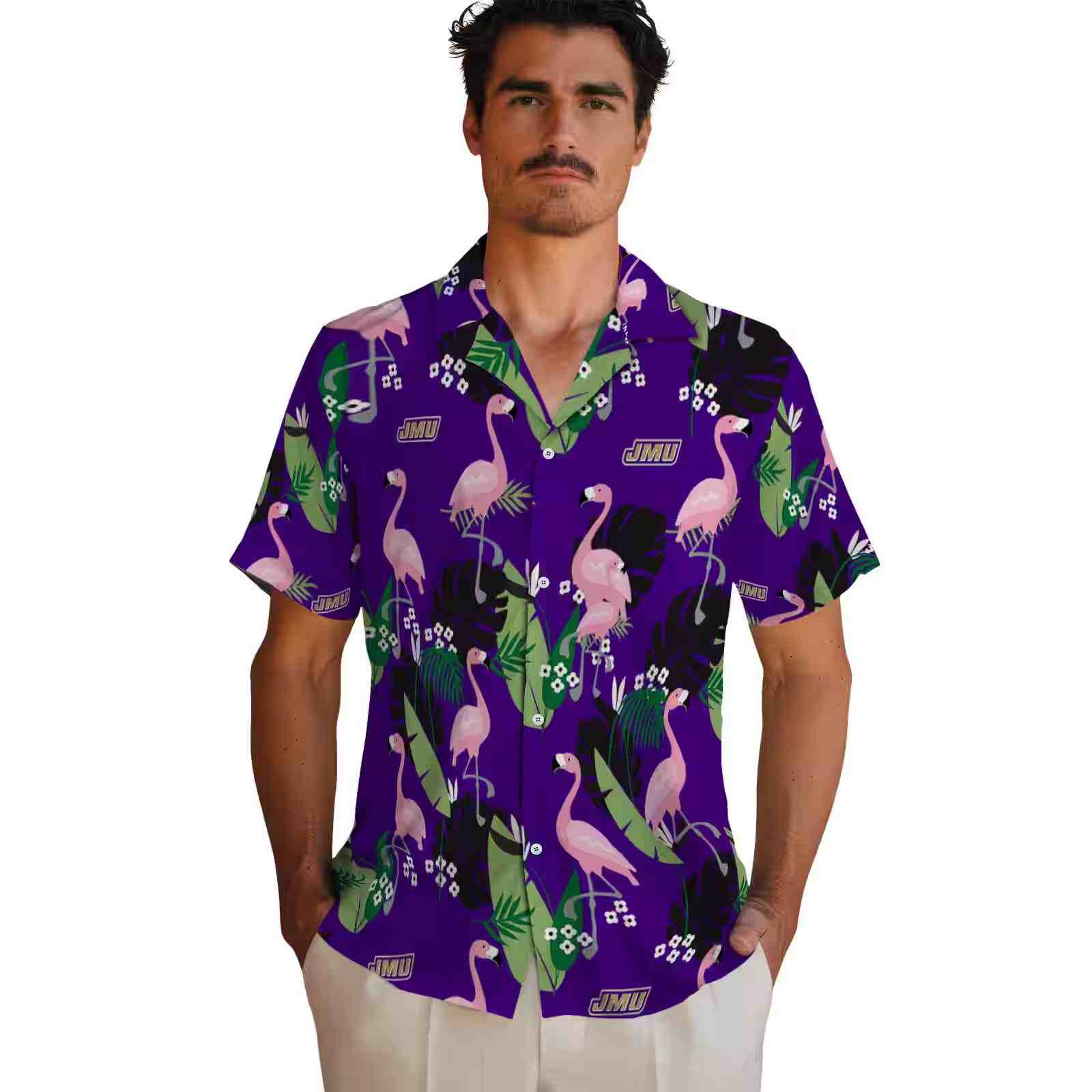 james madison dukes flamingo leaf motif purple hawaiian shirt fashion forward