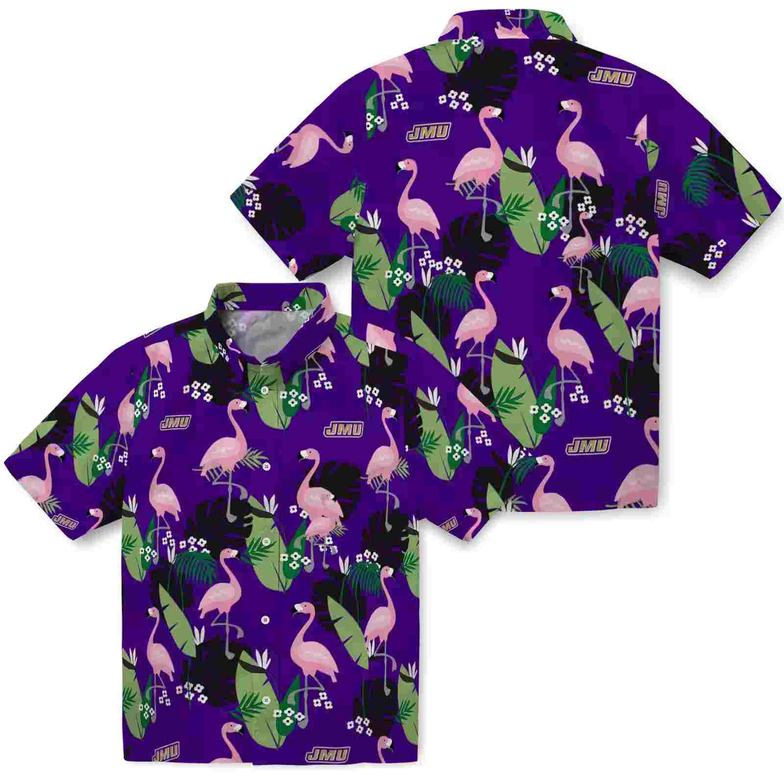 james madison dukes flamingo leaf motif purple hawaiian shirt high quality