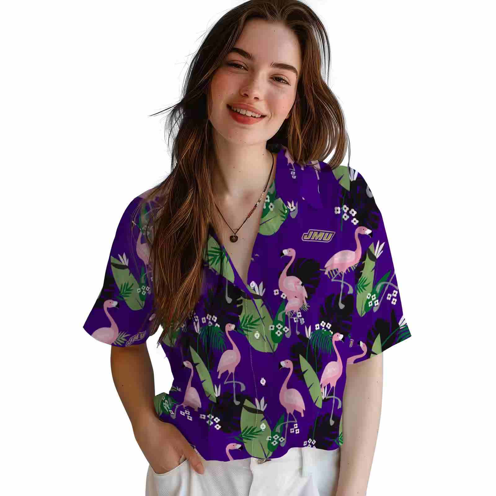 james madison dukes flamingo leaf motif purple hawaiian shirt latest model