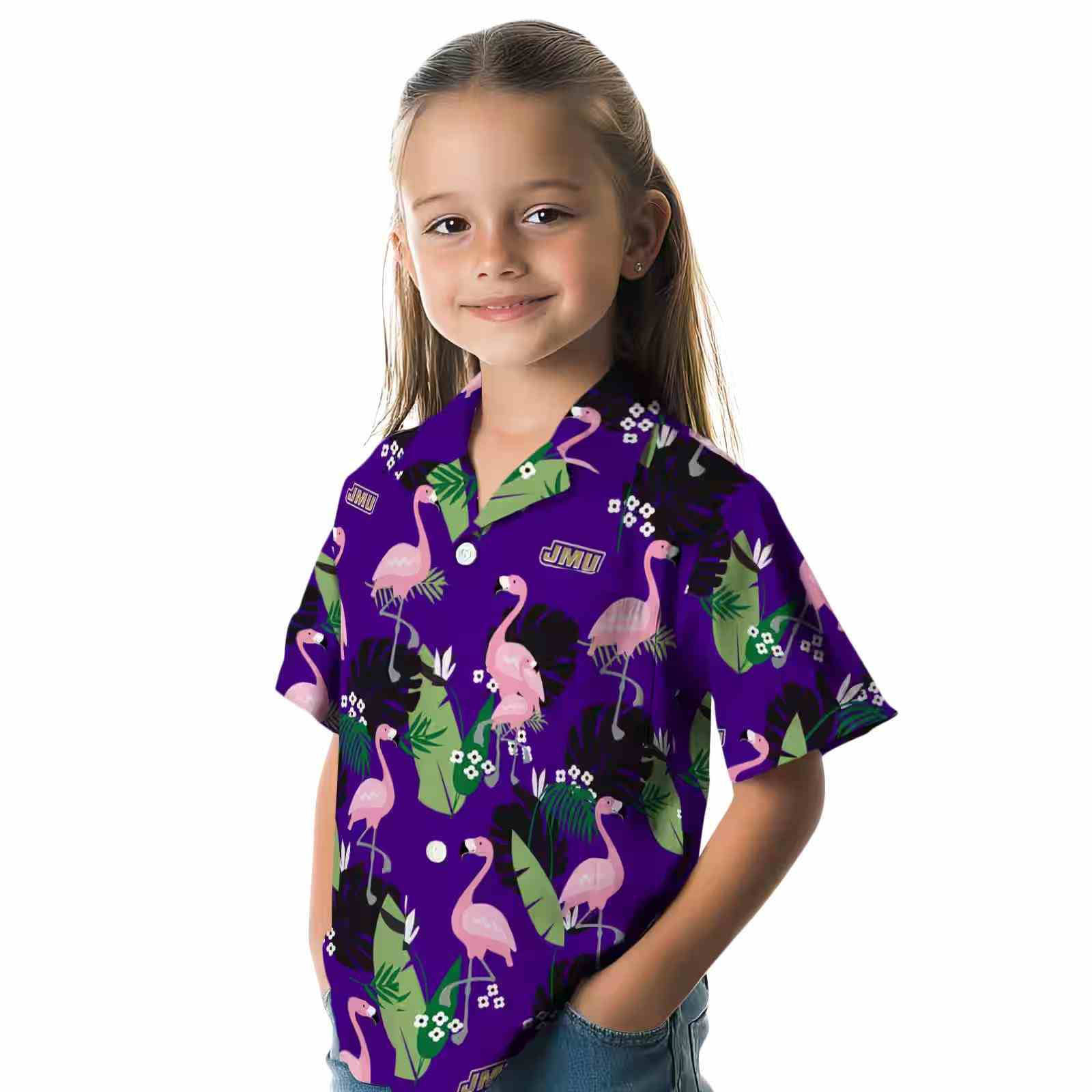 james madison dukes flamingo leaf motif purple hawaiian shirt premium grade