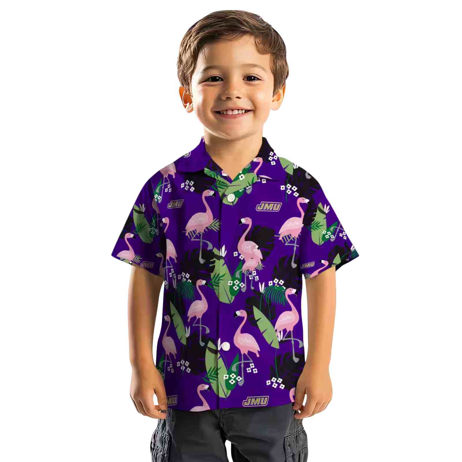 james madison dukes flamingo leaf motif purple hawaiian shirt top rated