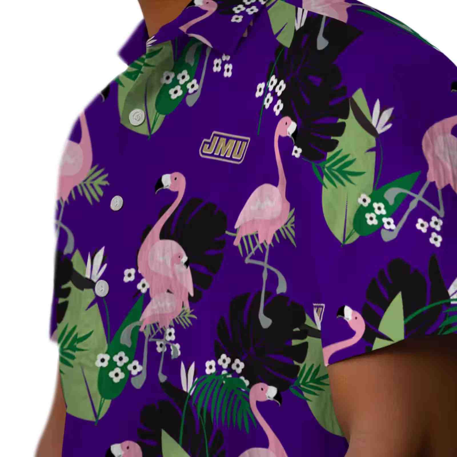 james madison dukes flamingo leaf motif purple hawaiian shirt trendy