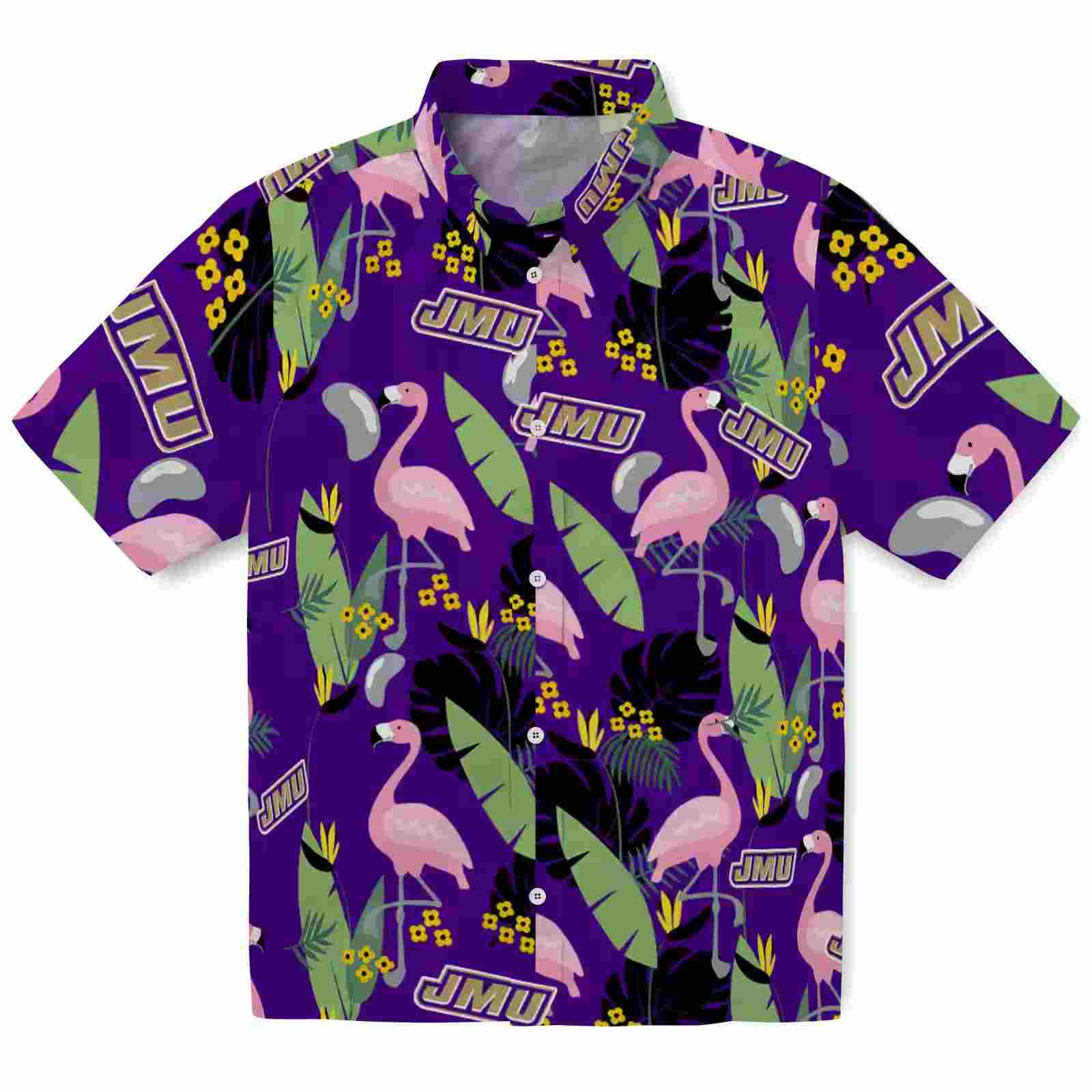 James Madison Dukes Flamingo Leaves Purple Hawaiian Shirt