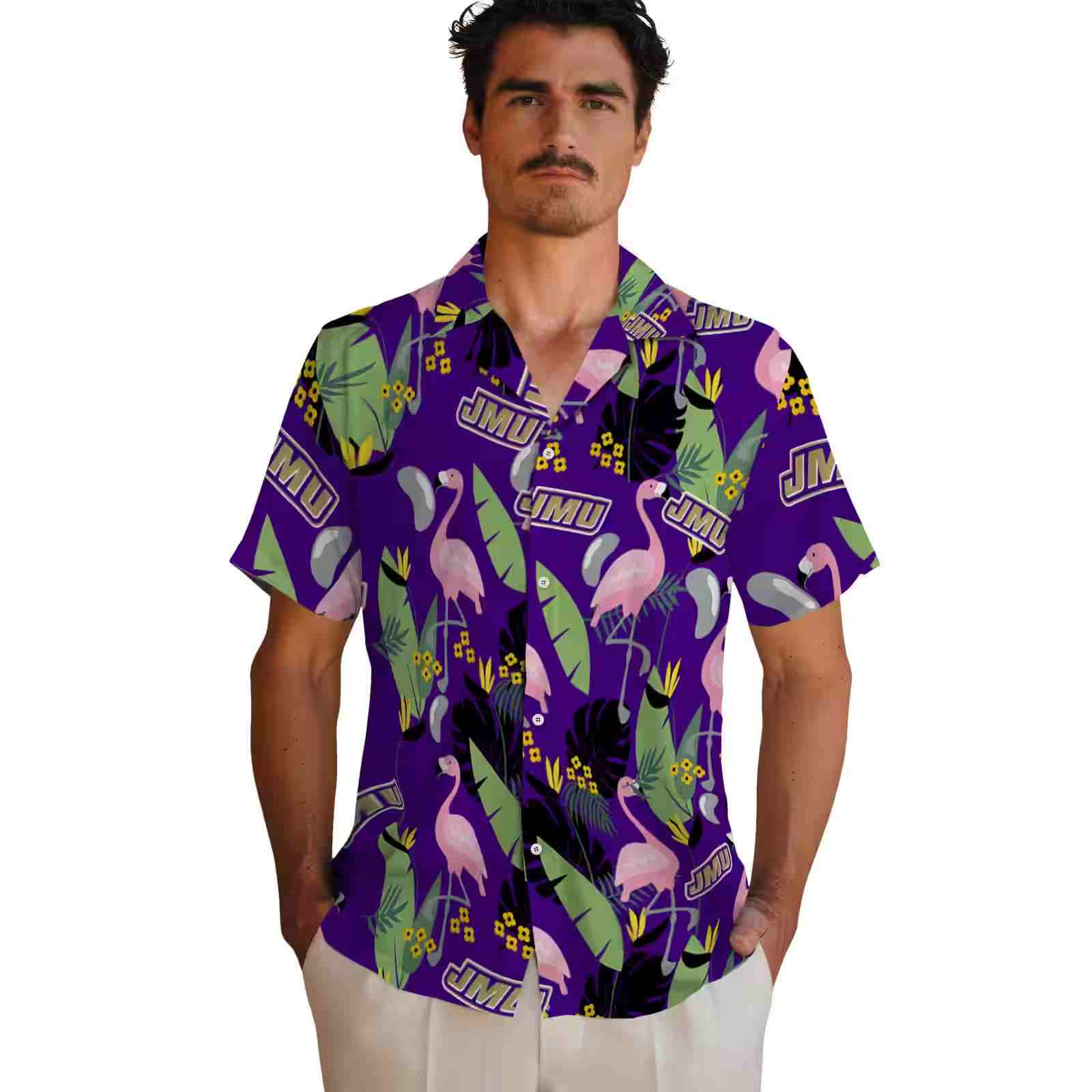 james madison dukes flamingo leaves purple hawaiian shirt fashion forward