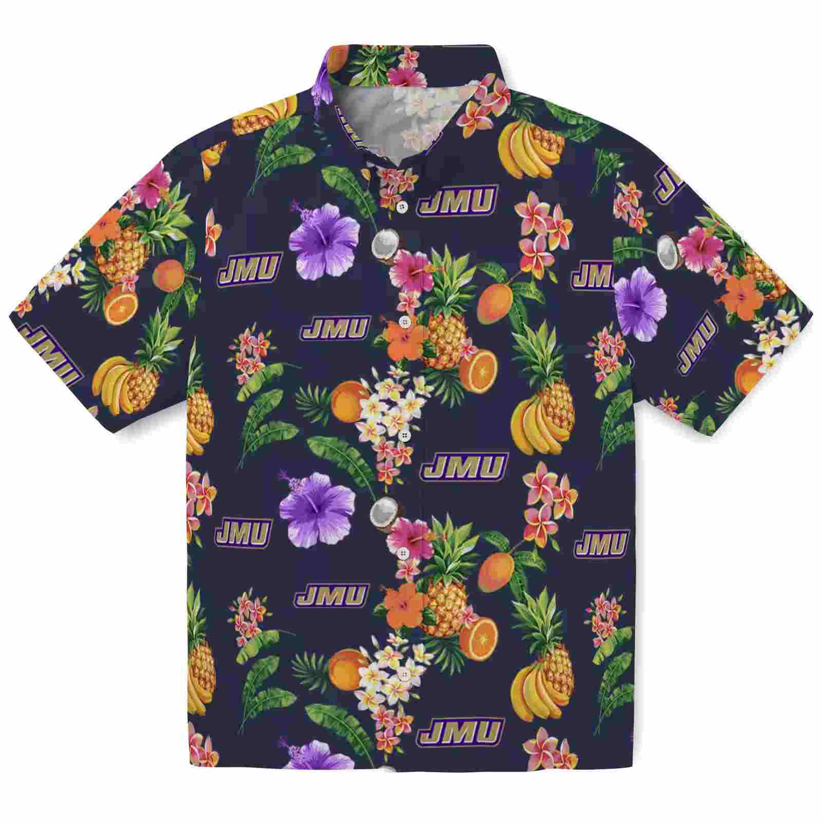 James Madison Dukes Hibiscus And Fruit Navy Blue Hawaiian Shirt