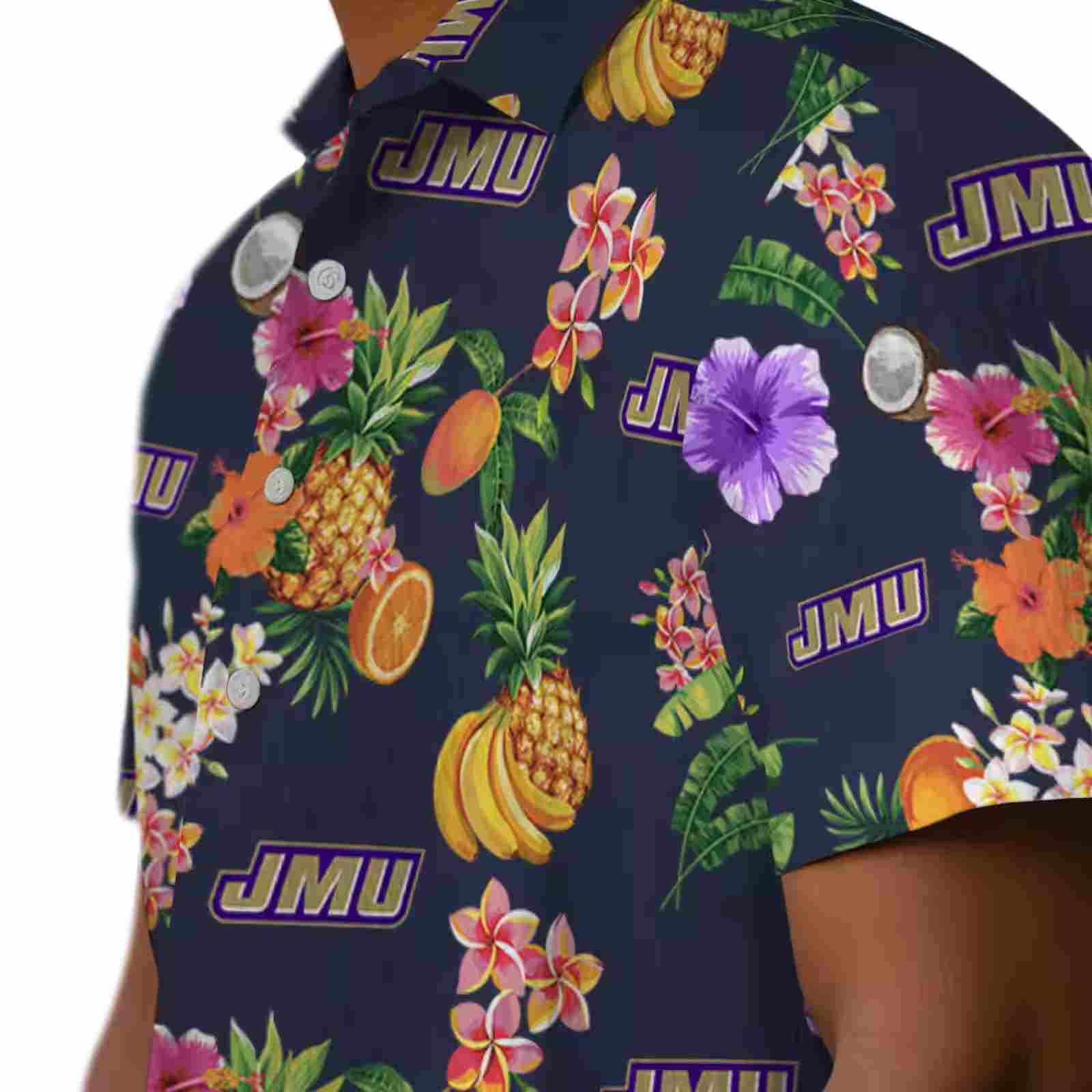 james madison dukes hibiscus and fruit navy blue hawaiian shirt trendy