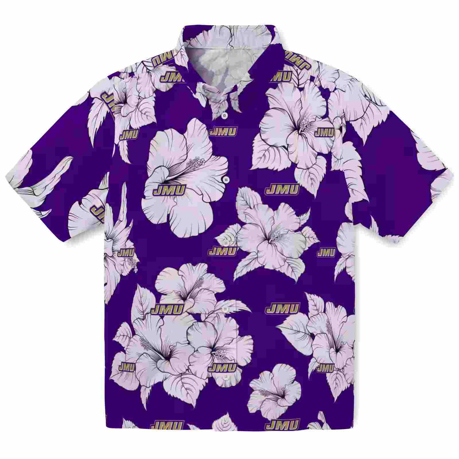 James Madison Dukes Hibiscus Blooms Purple White Hawaiian Shirt