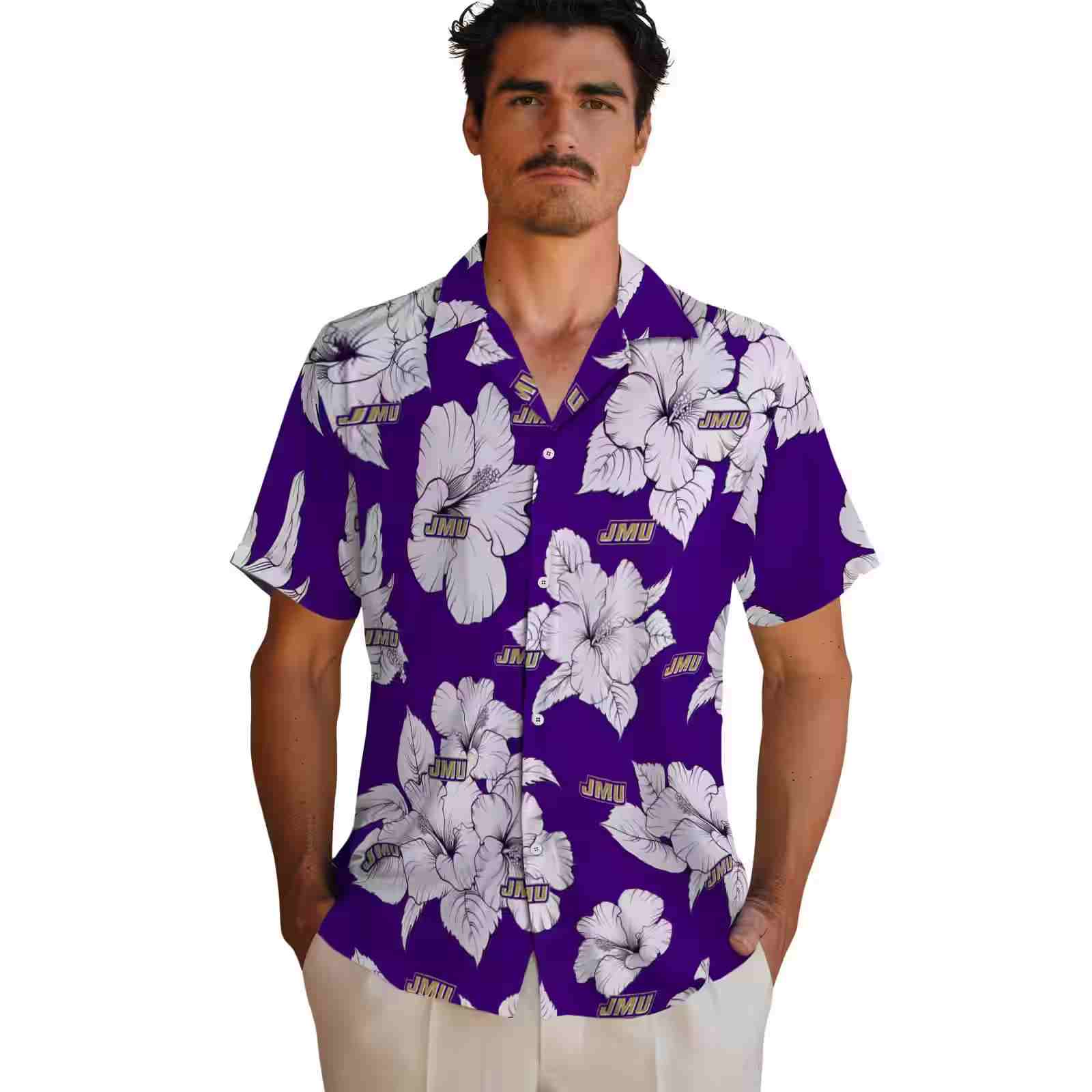 james madison dukes hibiscus blooms purple white hawaiian shirt fashion forward