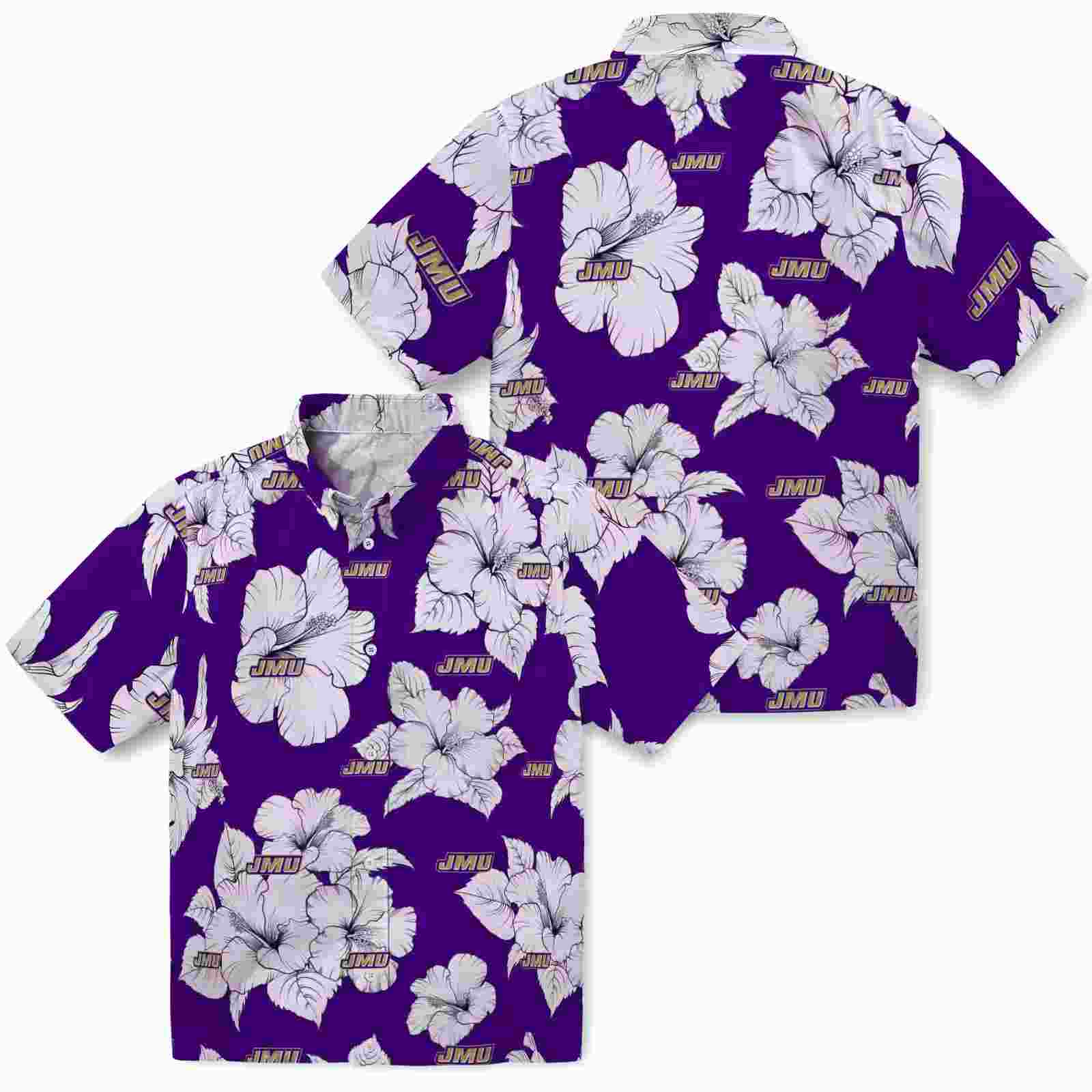 james madison dukes hibiscus blooms purple white hawaiian shirt high quality