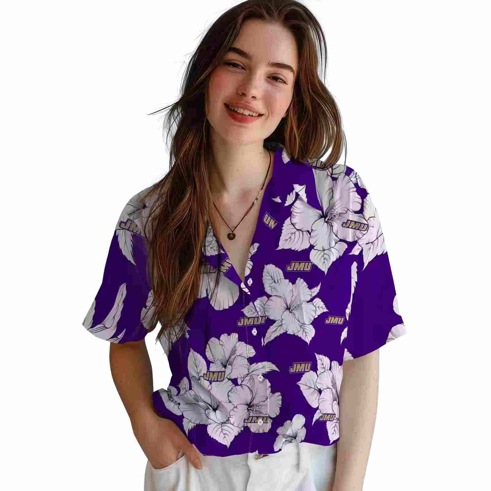 james madison dukes hibiscus blooms purple white hawaiian shirt latest model