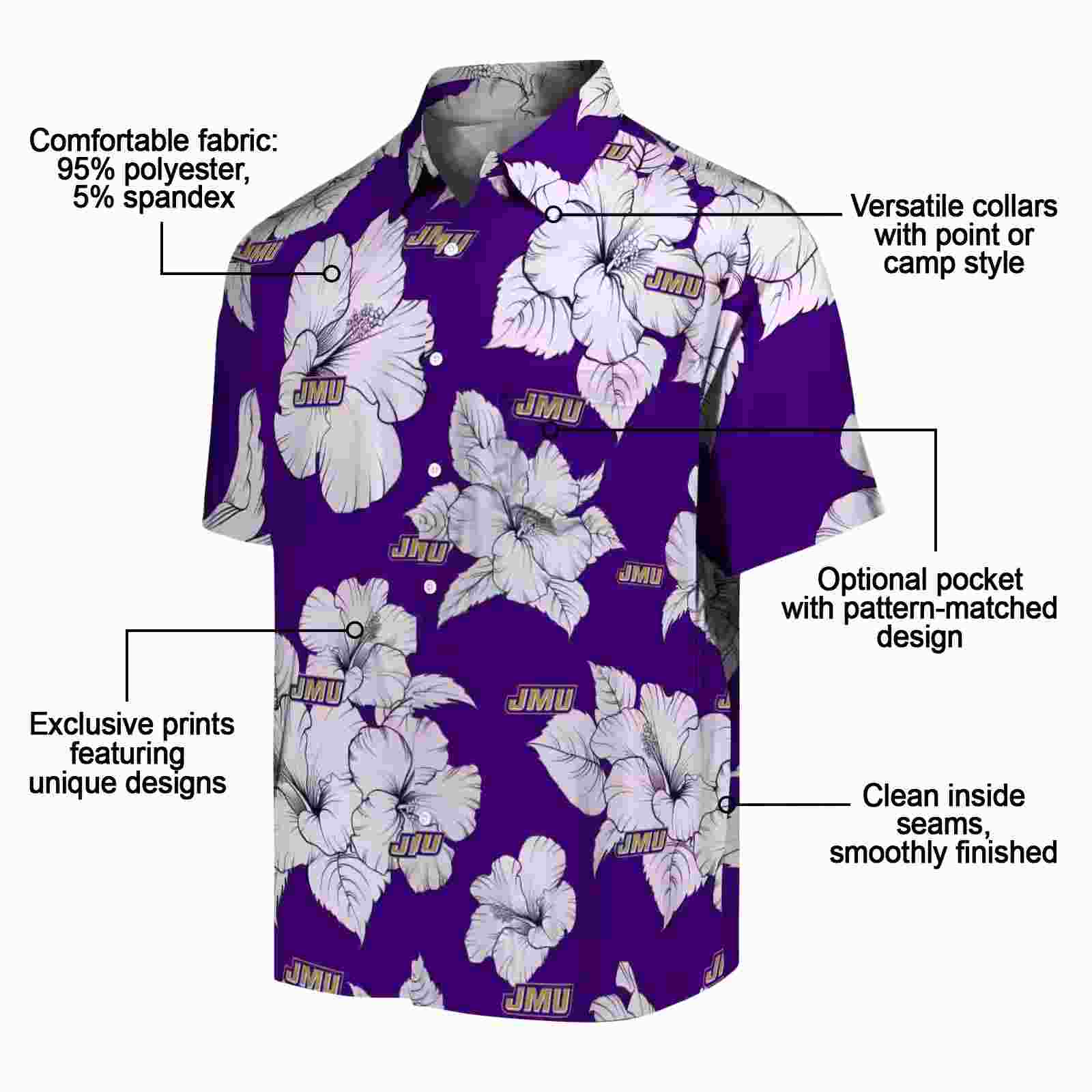 james madison dukes hibiscus blooms purple white hawaiian shirt new arrival