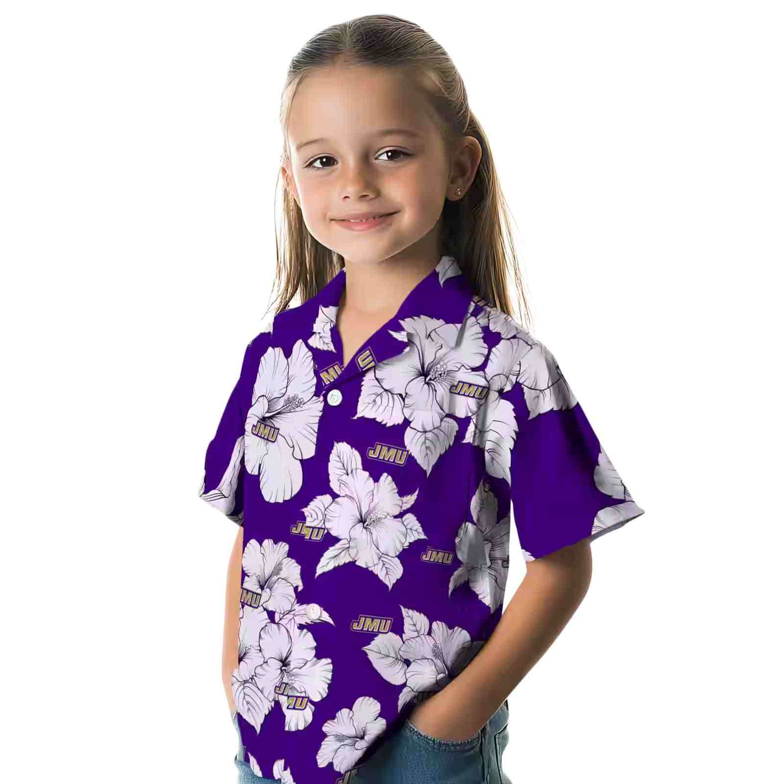 james madison dukes hibiscus blooms purple white hawaiian shirt premium grade