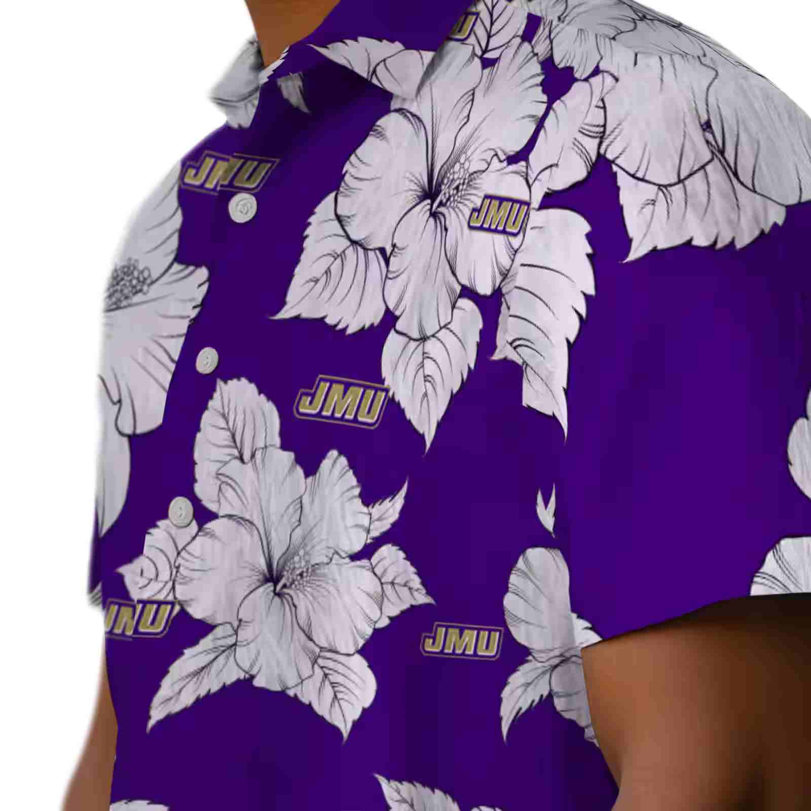 james madison dukes hibiscus blooms purple white hawaiian shirt trendy