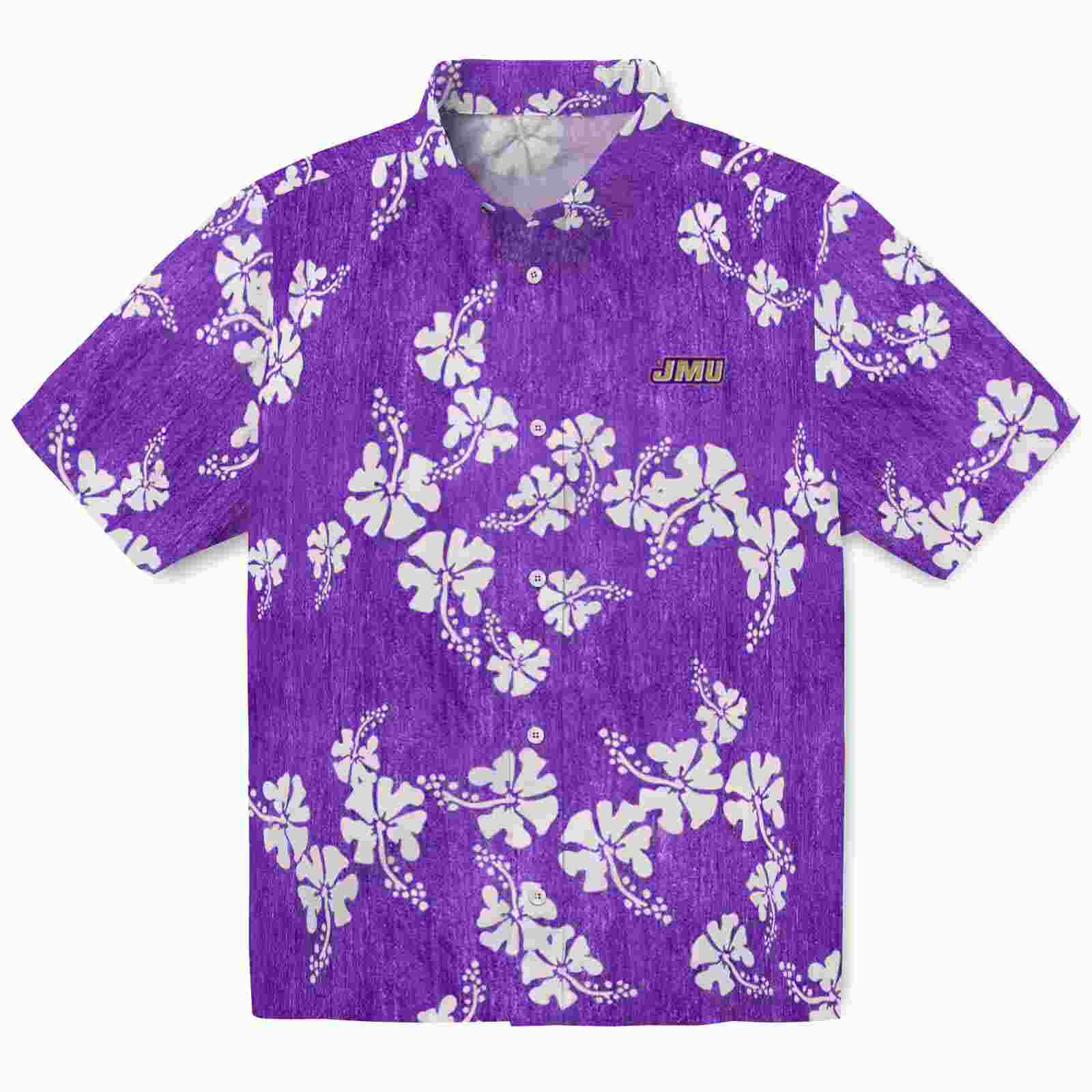 James Madison Dukes Hibiscus Clusters Purple Hawaiian Shirt