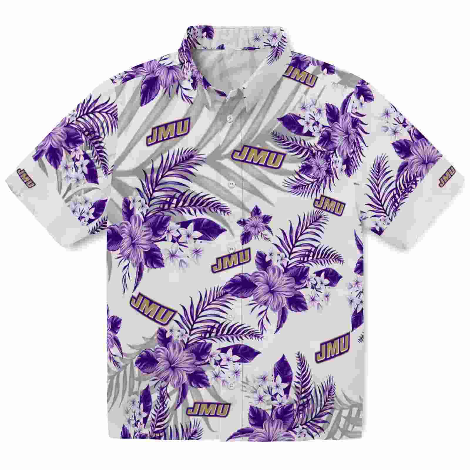 James Madison Dukes Hibiscus Palm Leaves Purple White Hawaiian Shirt