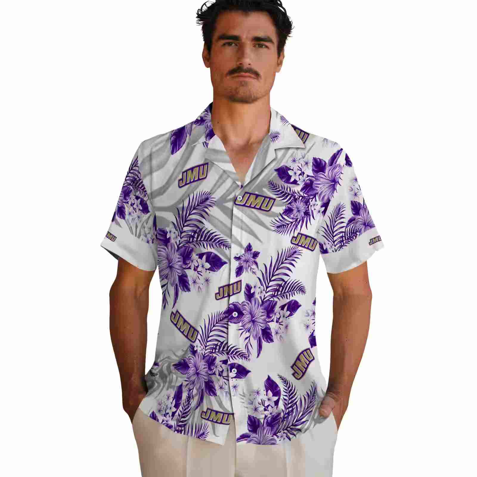 james madison dukes hibiscus palm leaves purple white hawaiian shirt fashion forward