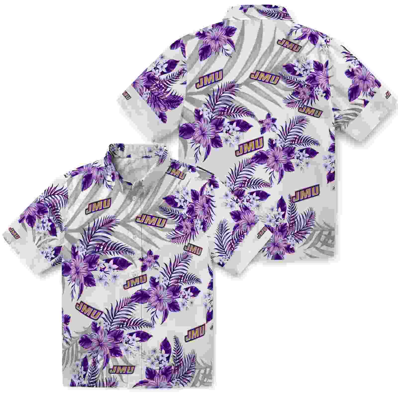 james madison dukes hibiscus palm leaves purple white hawaiian shirt high quality