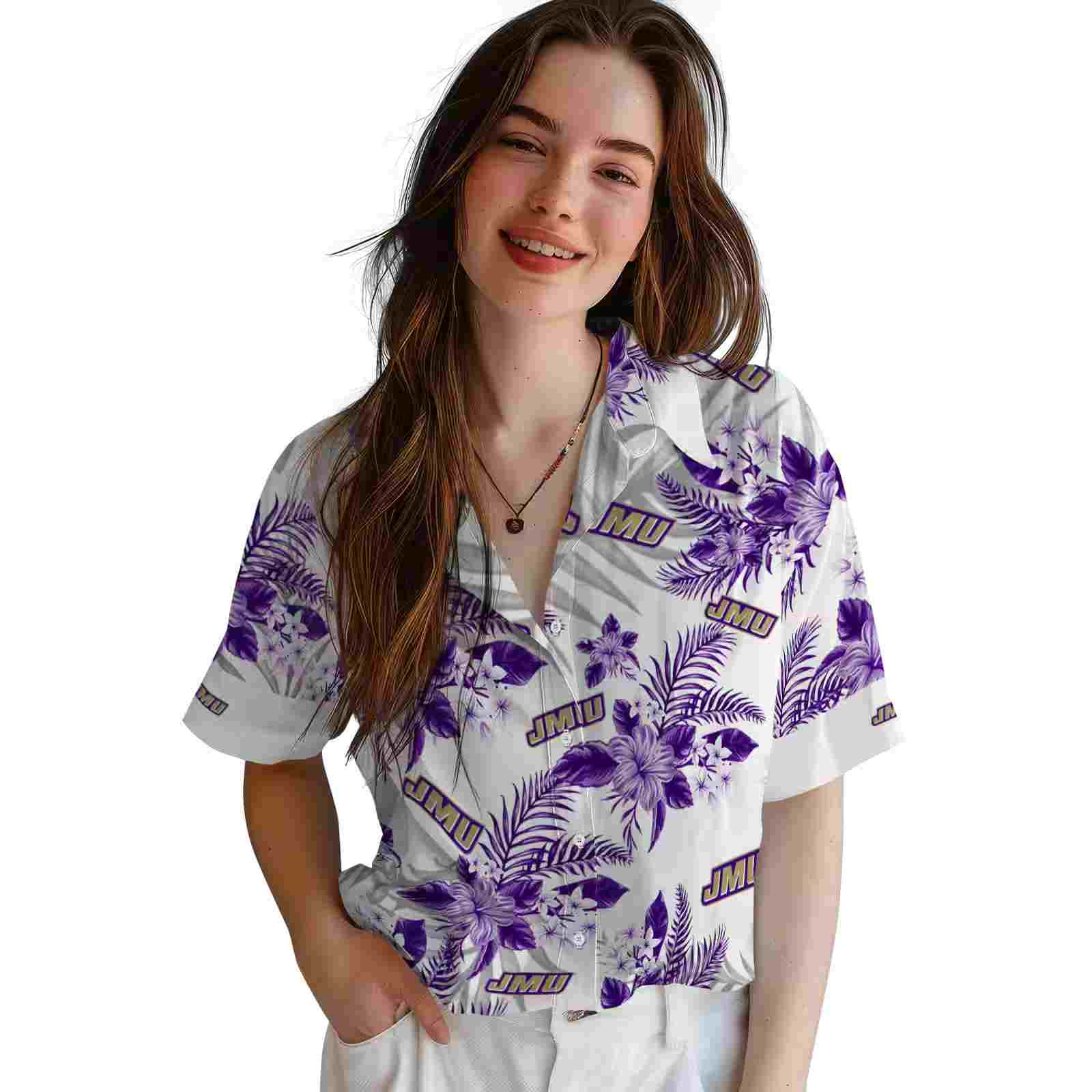 james madison dukes hibiscus palm leaves purple white hawaiian shirt latest model