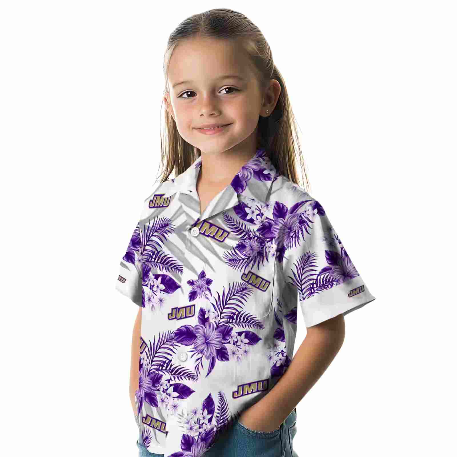 james madison dukes hibiscus palm leaves purple white hawaiian shirt premium grade