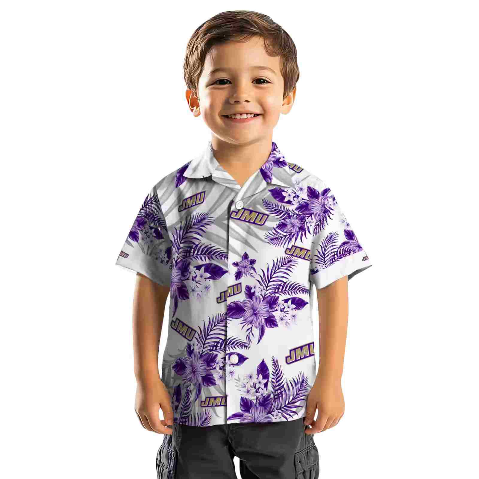 james madison dukes hibiscus palm leaves purple white hawaiian shirt top rated