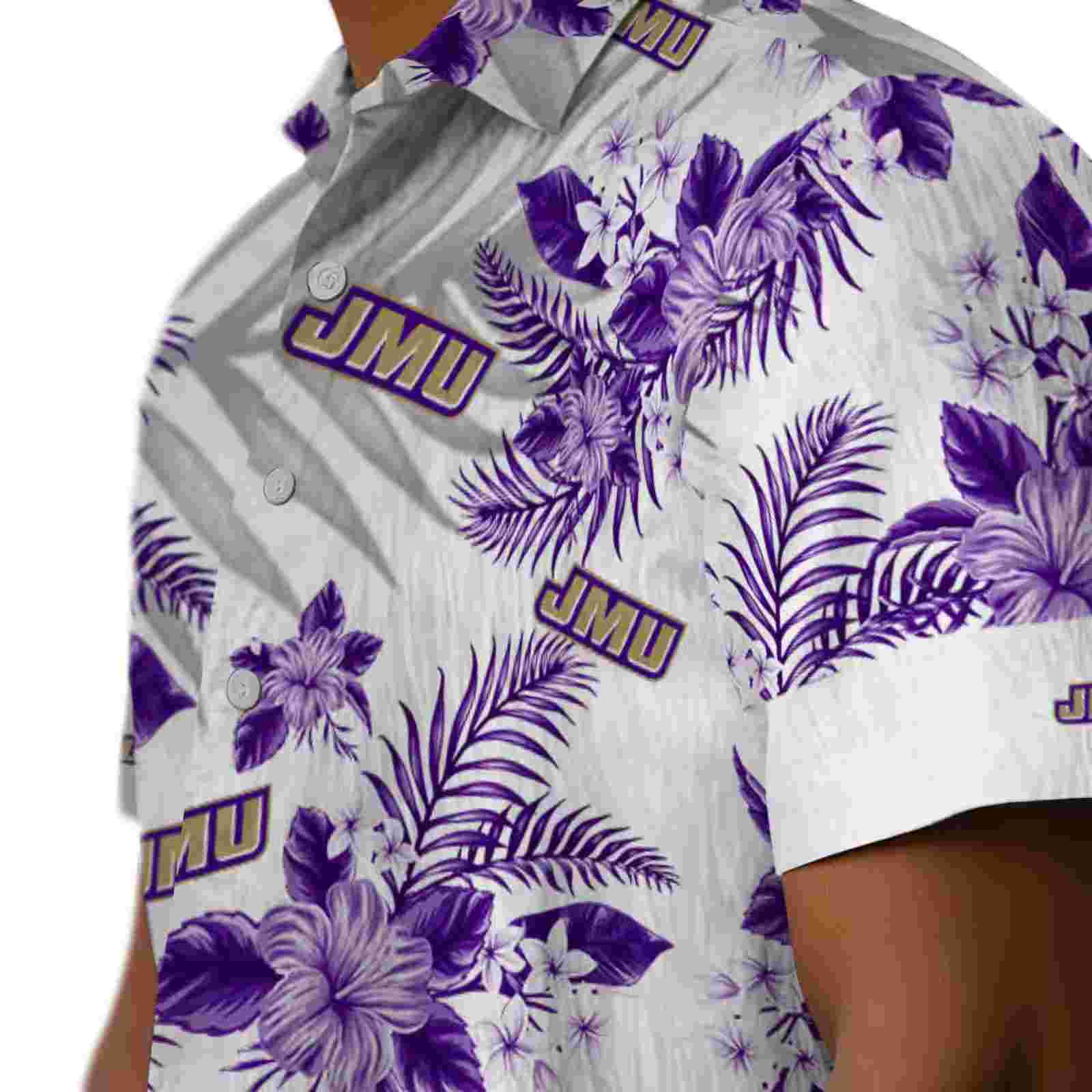 james madison dukes hibiscus palm leaves purple white hawaiian shirt trendy