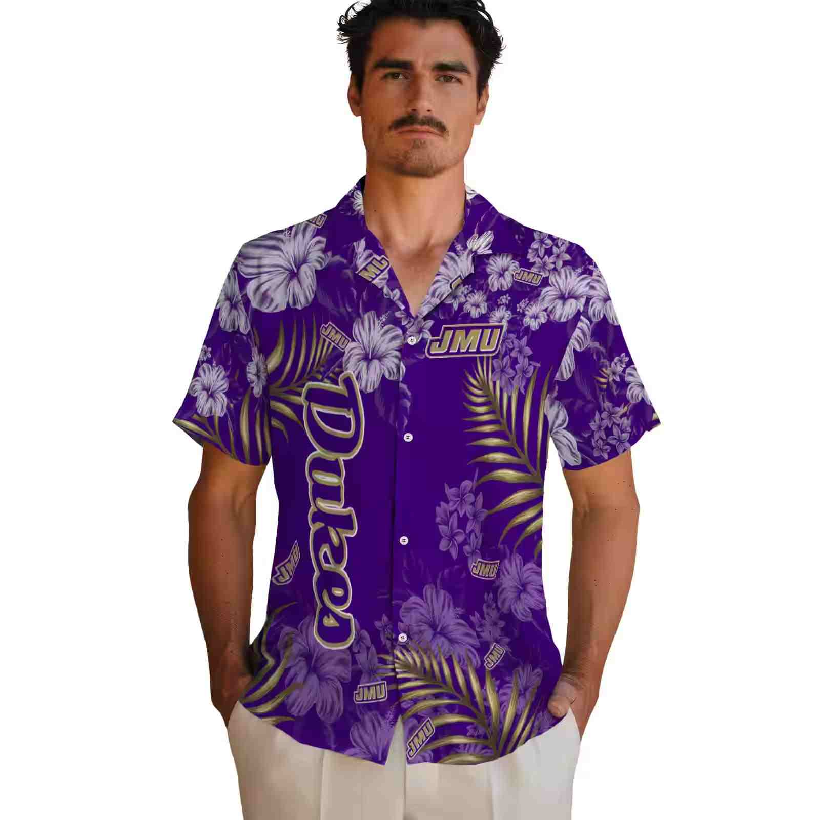 james madison dukes hibiscus print purple hawaiian shirt fashion forward