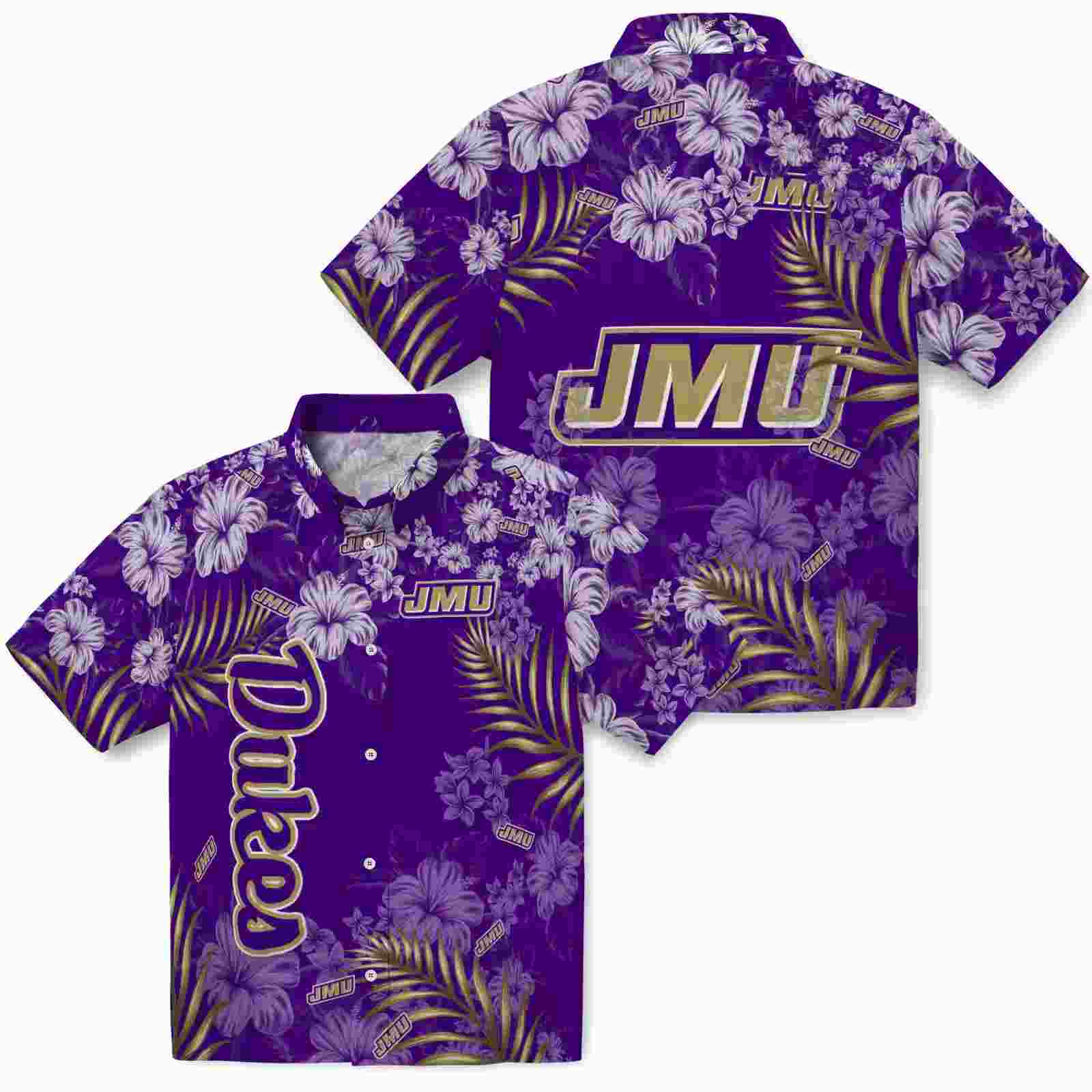 james madison dukes hibiscus print purple hawaiian shirt high quality