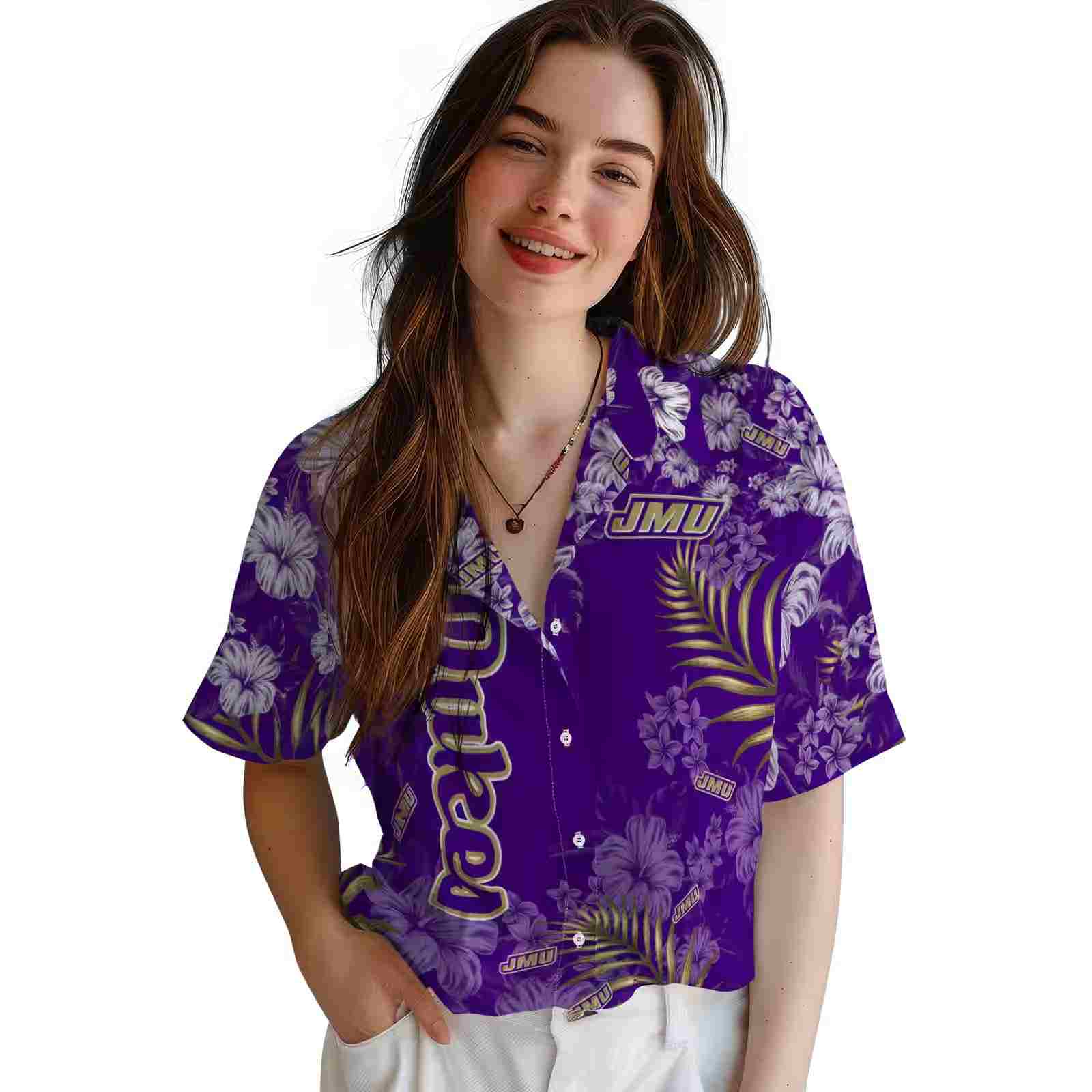 james madison dukes hibiscus print purple hawaiian shirt latest model