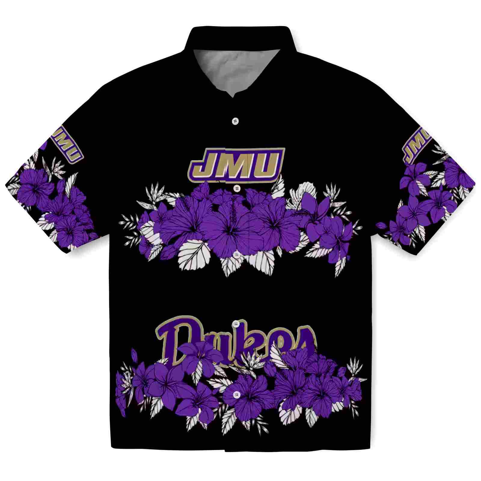 James Madison Dukes Hibiscus Stripe Purple Black Hawaiian Shirt