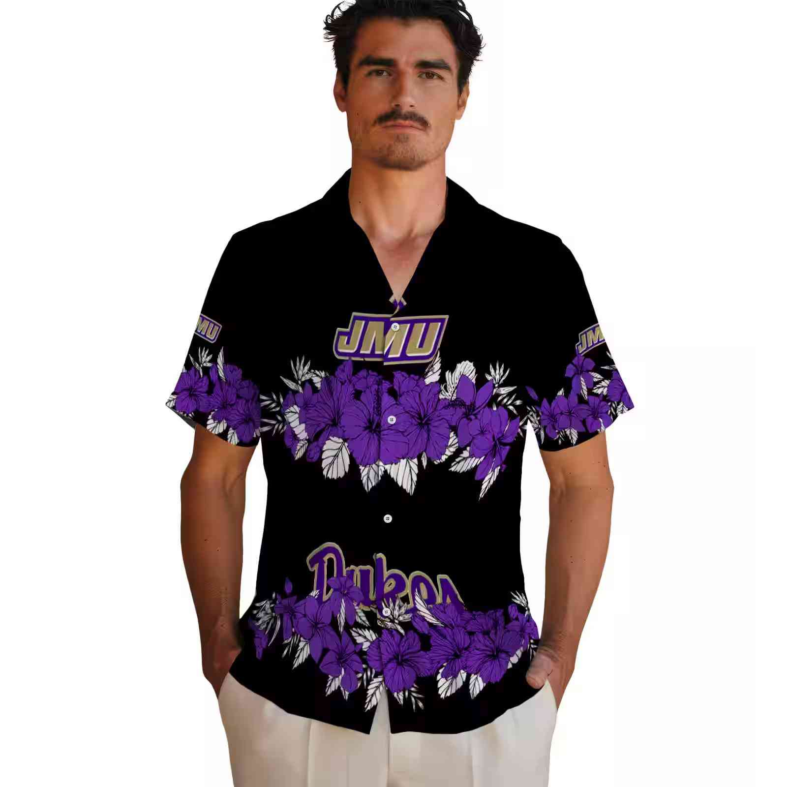 james madison dukes hibiscus stripe purple black hawaiian shirt fashion forward