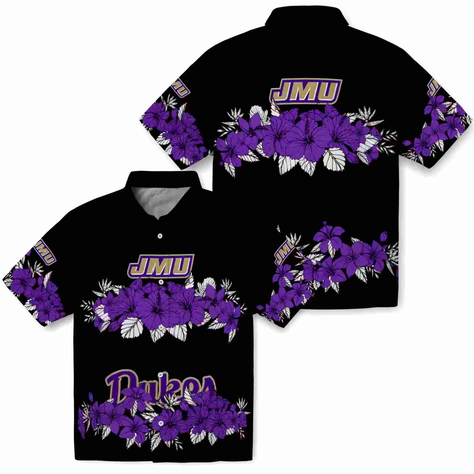 james madison dukes hibiscus stripe purple black hawaiian shirt high quality