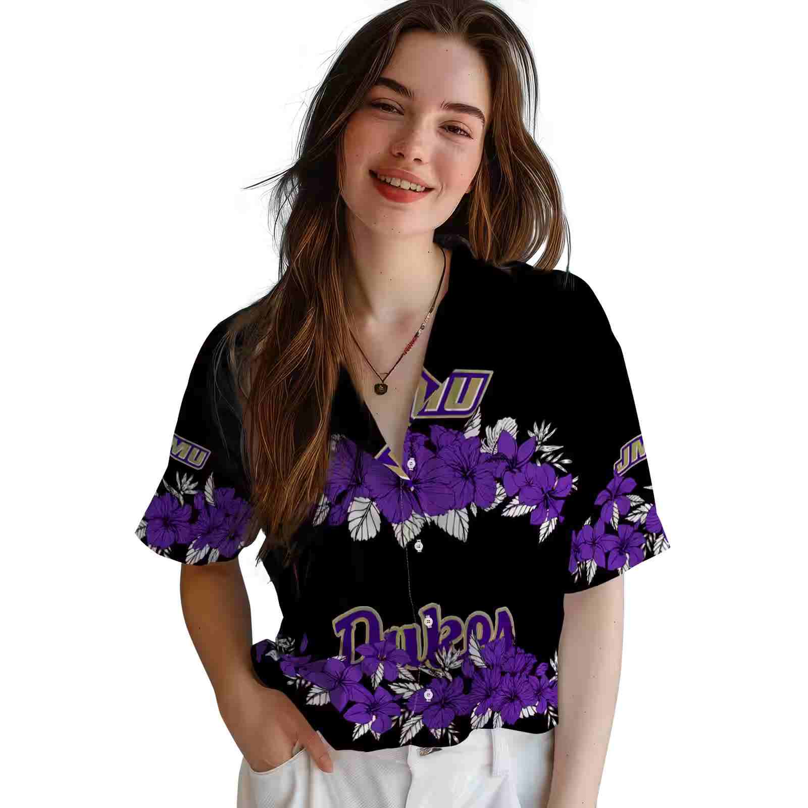 james madison dukes hibiscus stripe purple black hawaiian shirt latest model