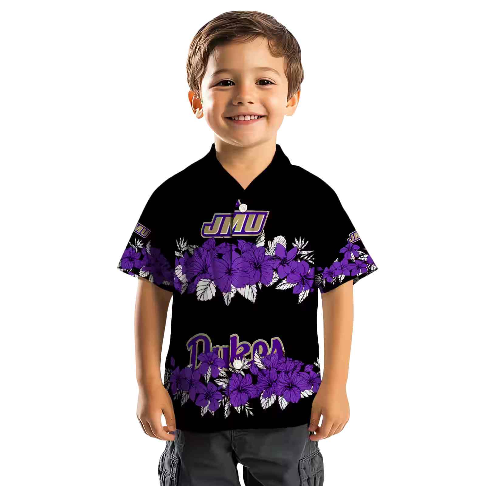 james madison dukes hibiscus stripe purple black hawaiian shirt top rated