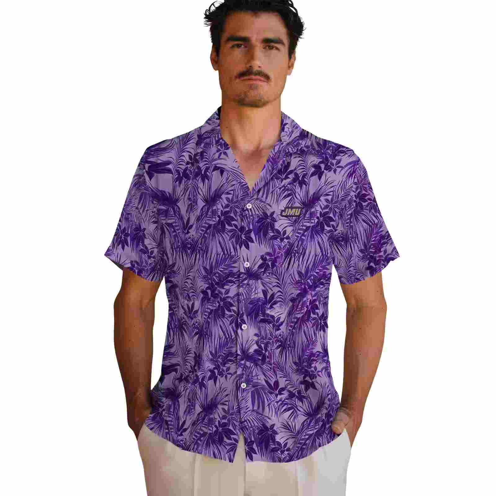 james madison dukes leafy pattern purple hawaiian shirt fashion forward