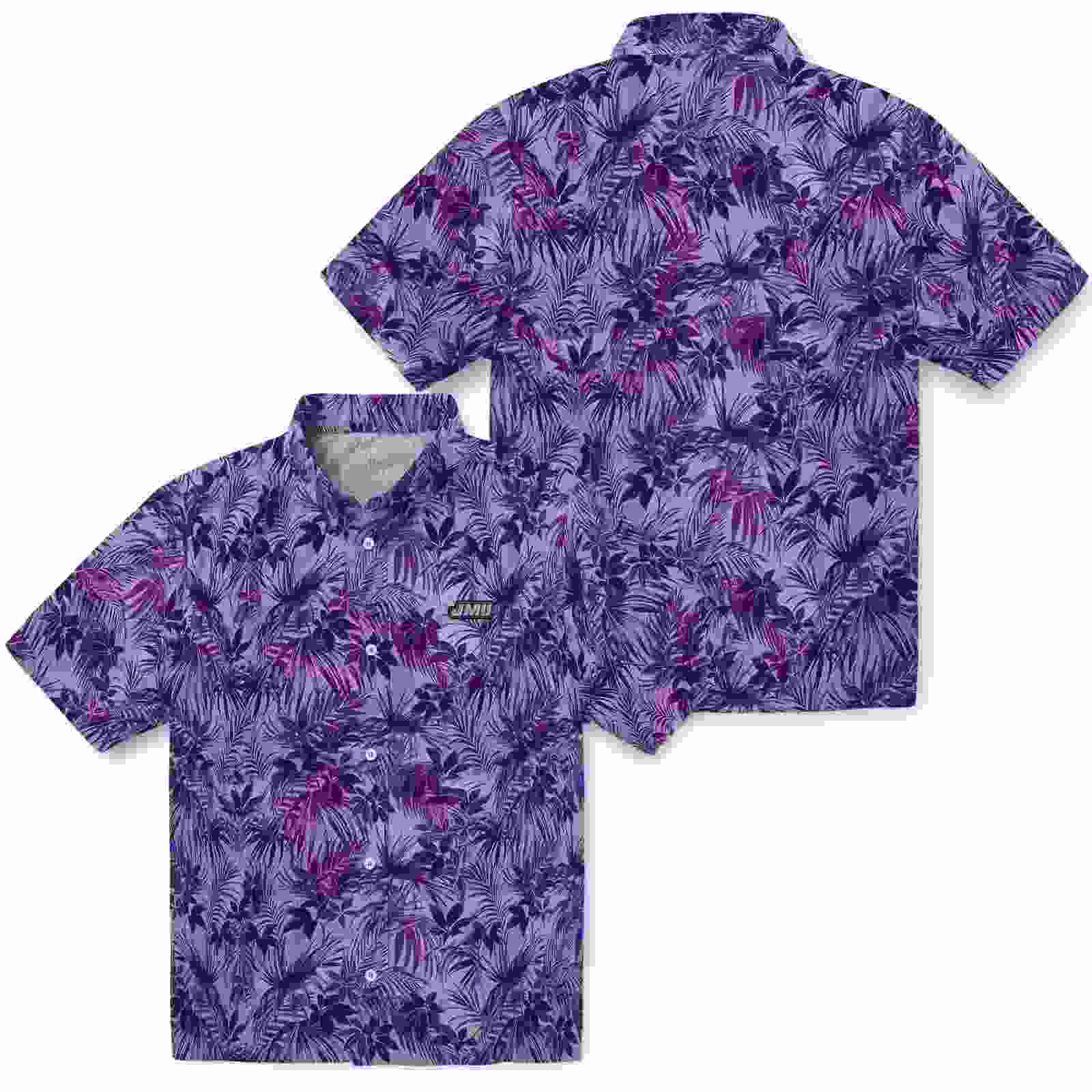 james madison dukes leafy pattern purple hawaiian shirt high quality