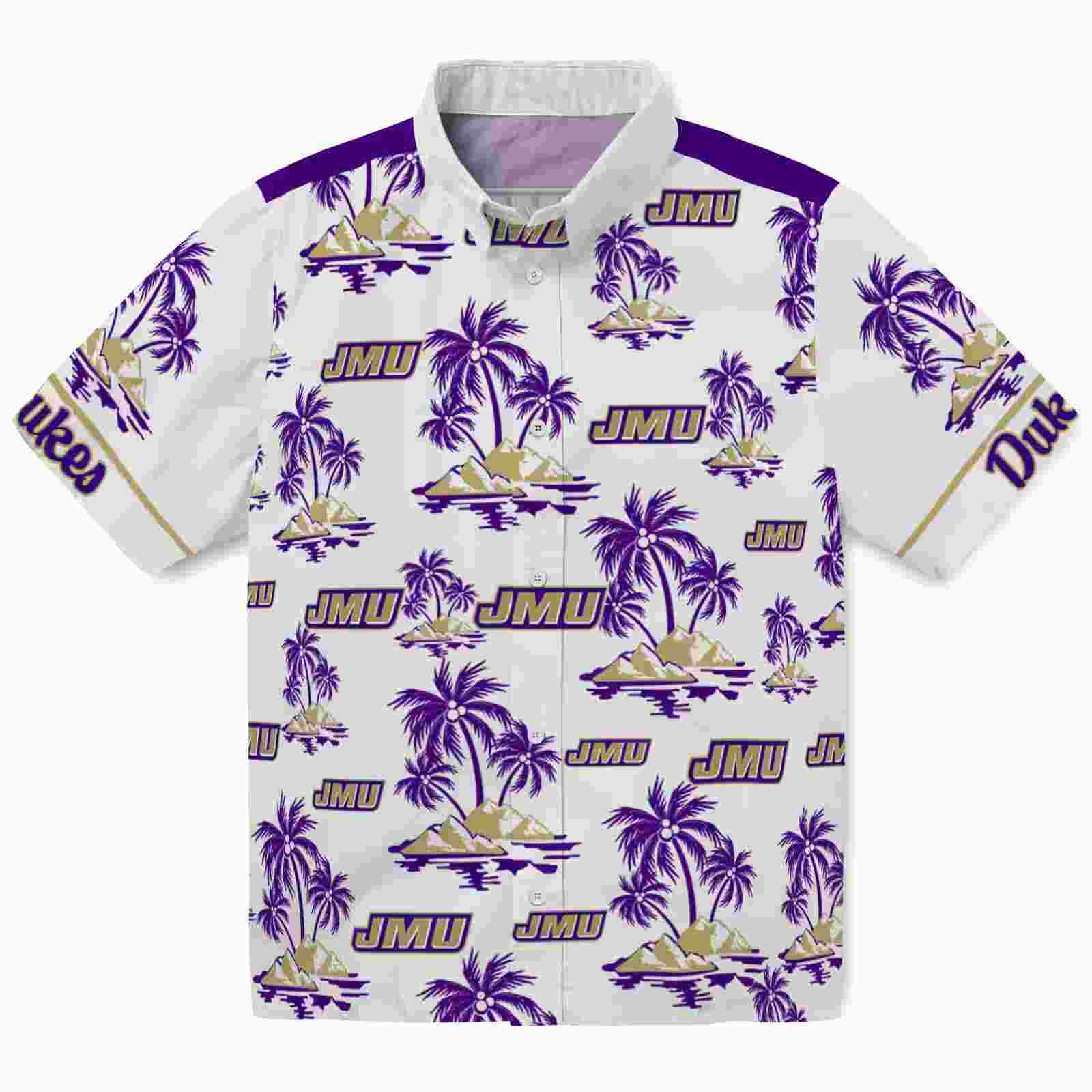 James Madison Dukes Palm Island Print Purple White Hawaiian Shirt