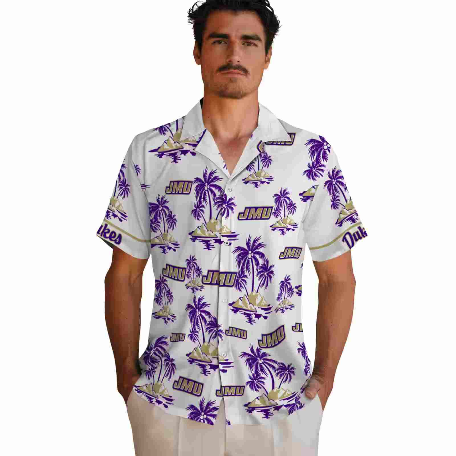 james madison dukes palm island print purple white hawaiian shirt fashion forward