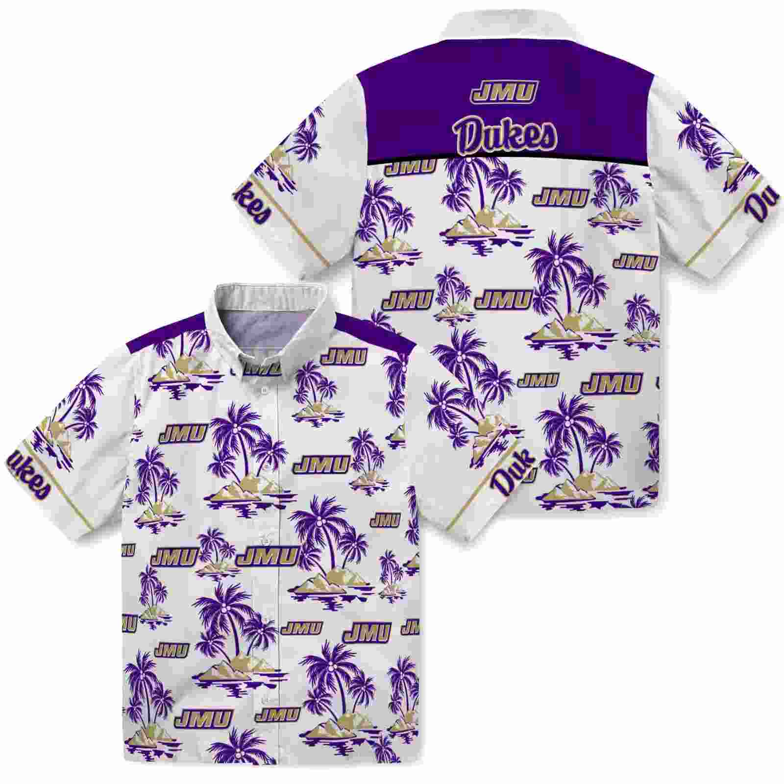 james madison dukes palm island print purple white hawaiian shirt high quality