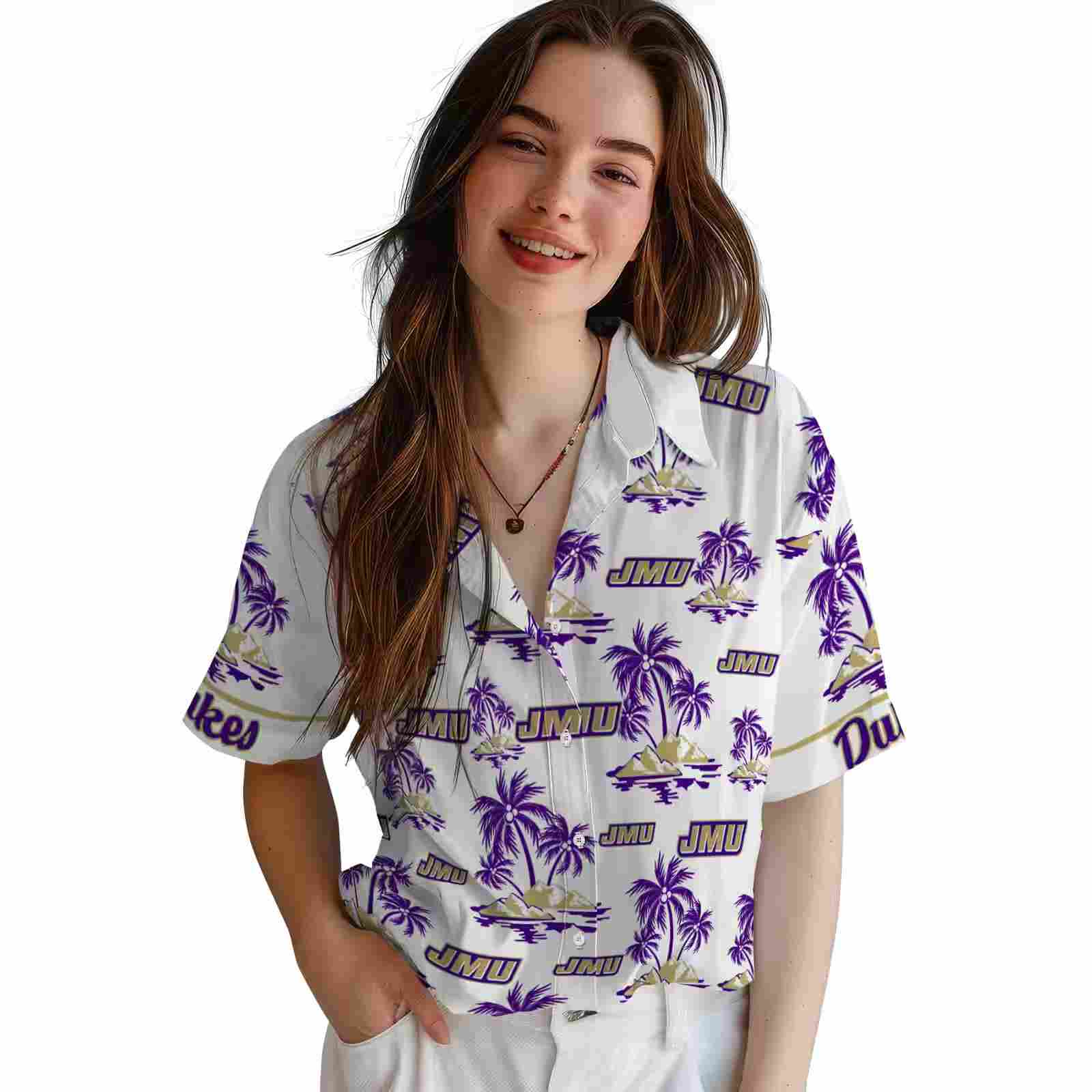 james madison dukes palm island print purple white hawaiian shirt latest model