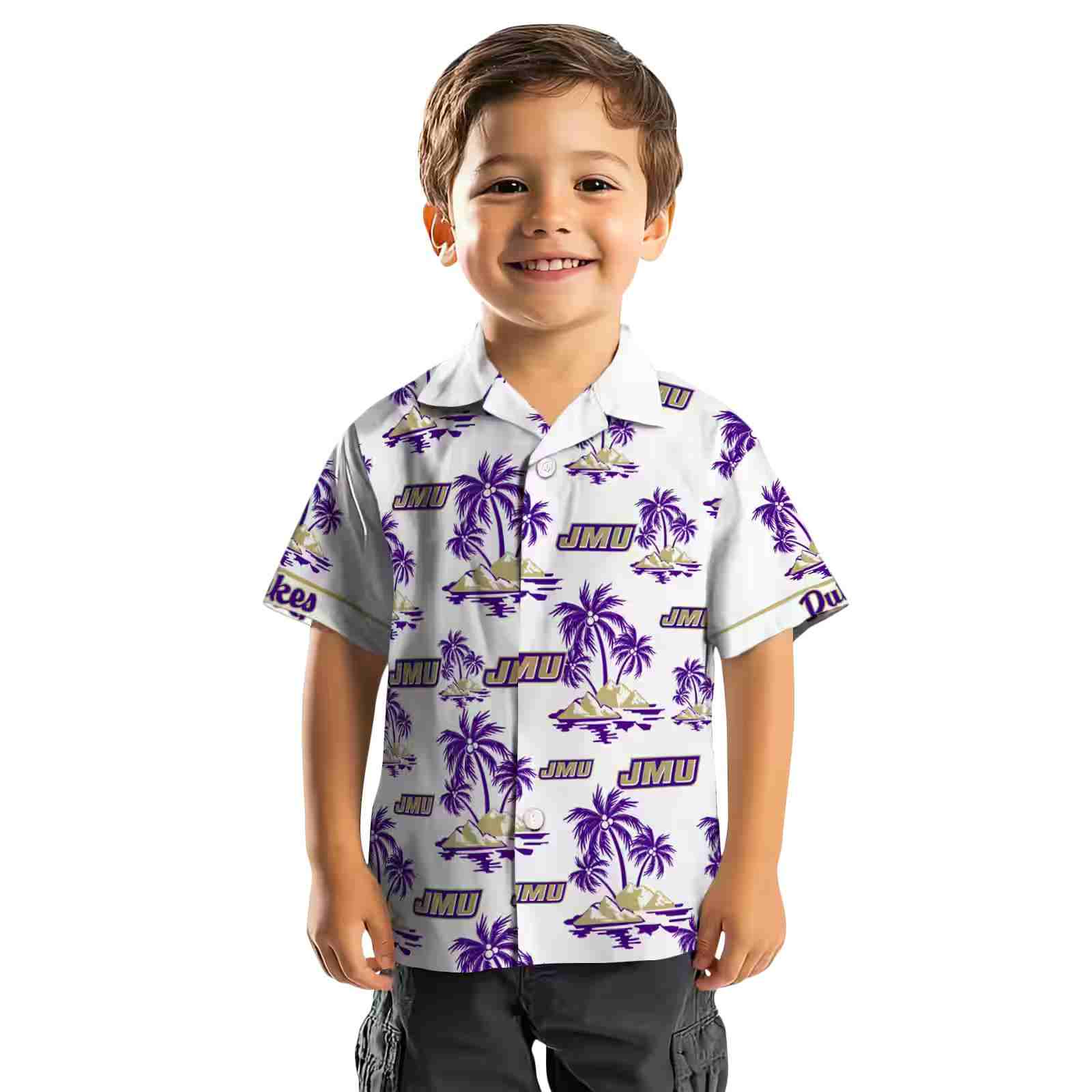 james madison dukes palm island print purple white hawaiian shirt top rated