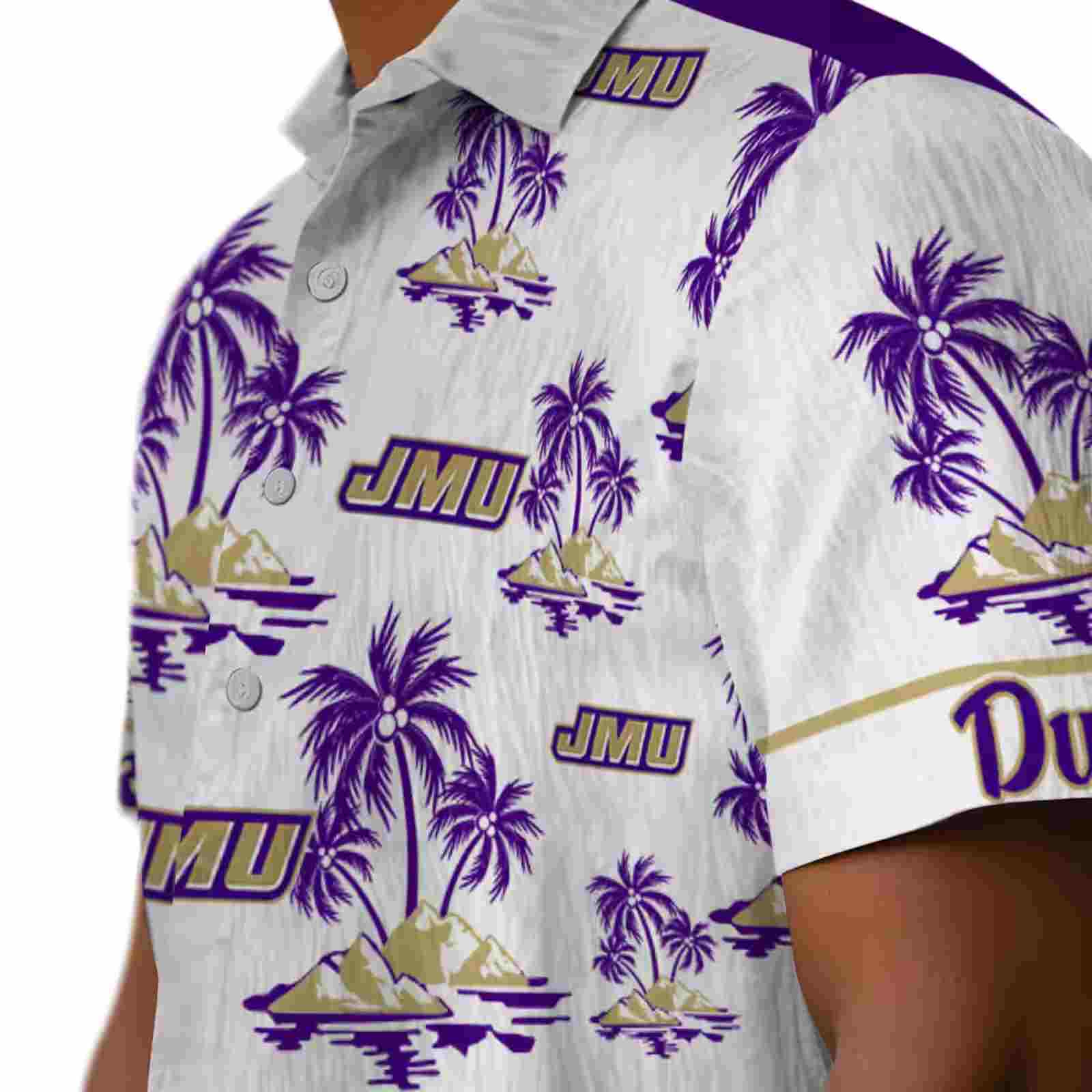 james madison dukes palm island print purple white hawaiian shirt trendy