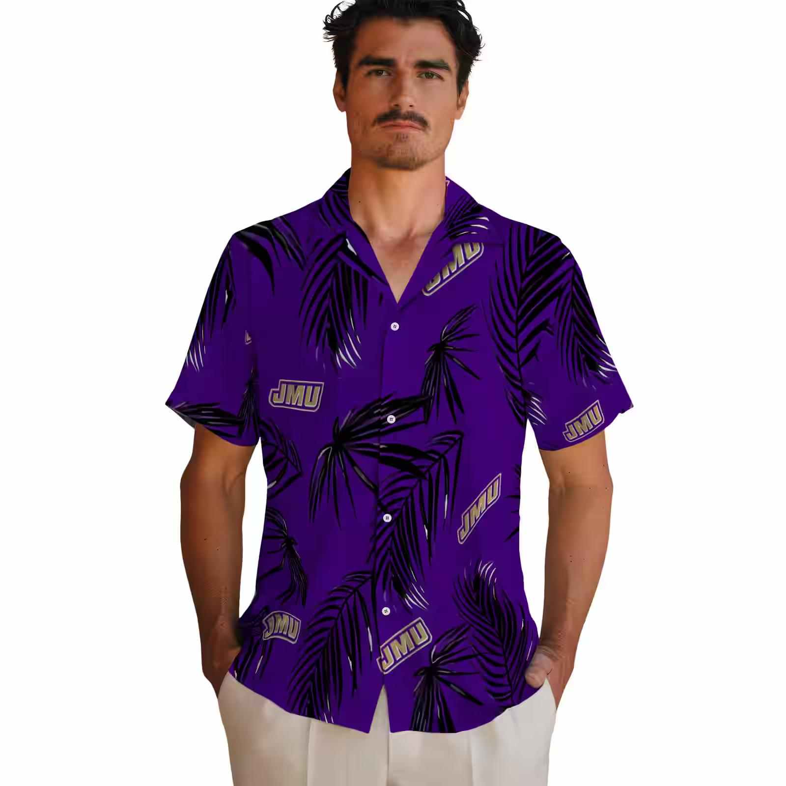 james madison dukes palm leaf purple hawaiian shirt fashion forward